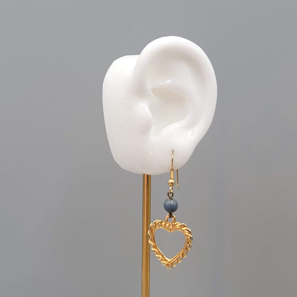 Vintage Heart Pierced Earrings Gold tone Blue Bead Dangle 1.5"