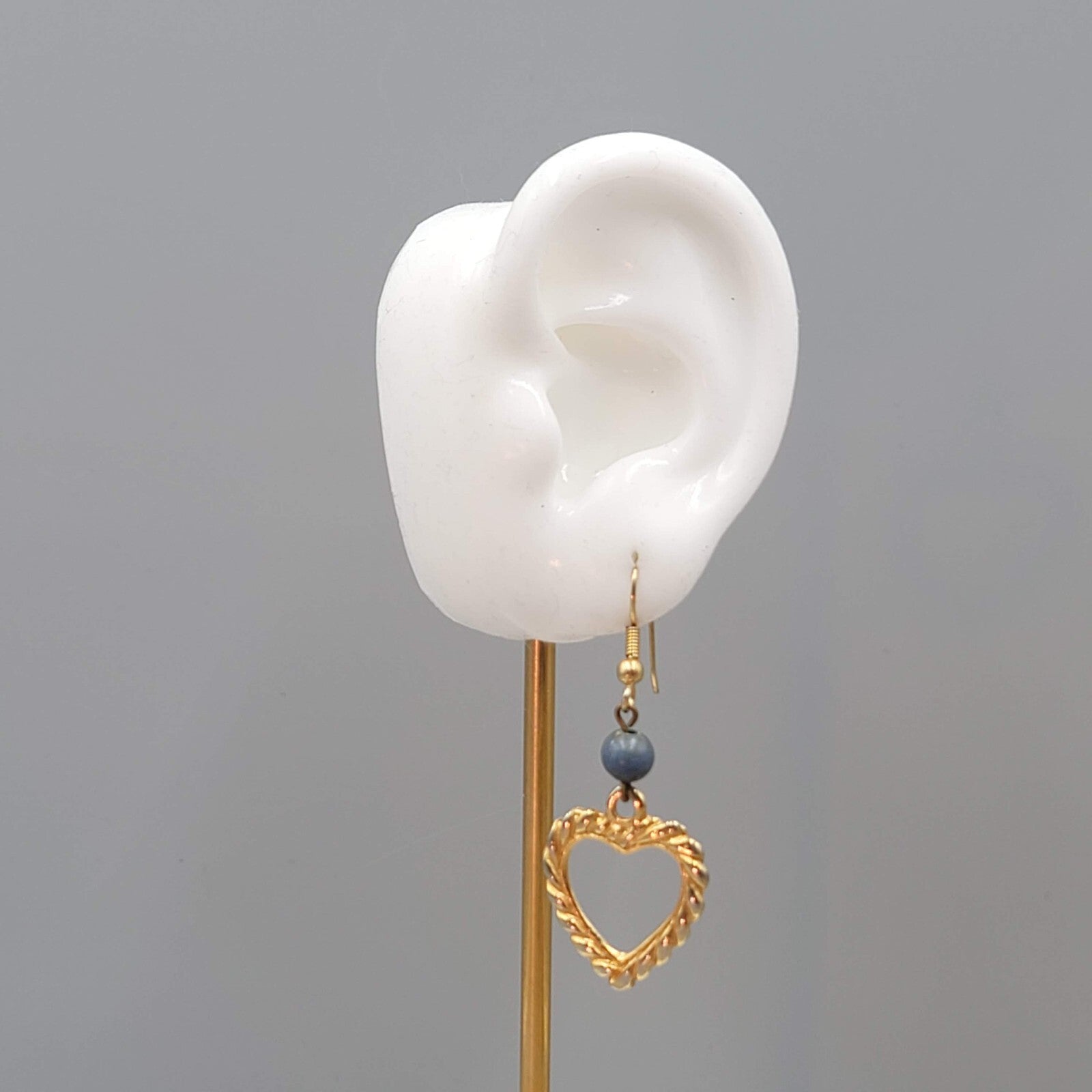 Vintage Heart Pierced Earrings Gold tone Blue Bead Dangle 1.5"