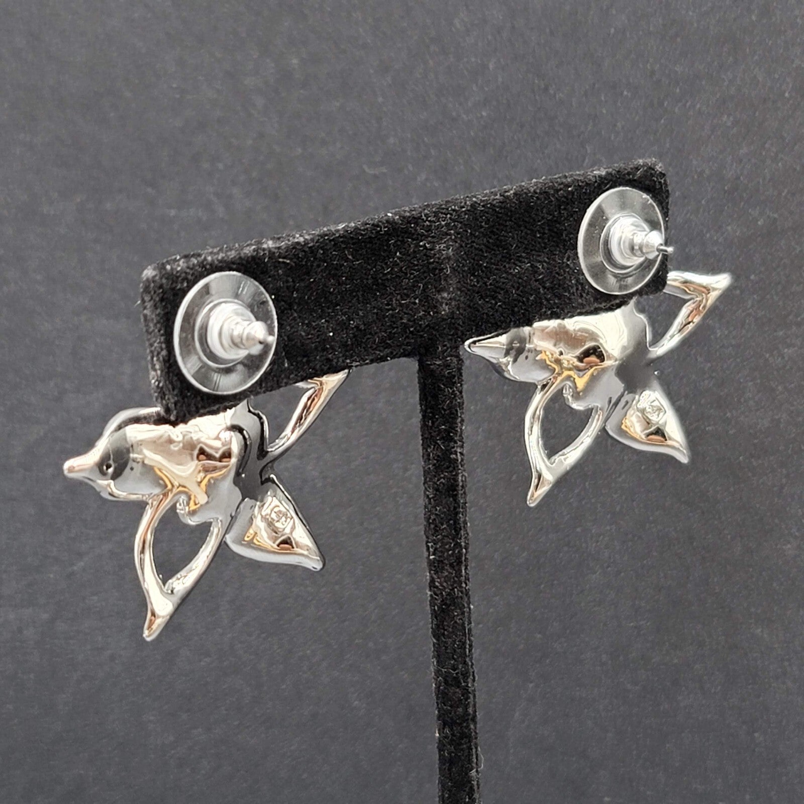 Pierced Earrings Silver Plated Crystal Rhinestone Drop Flower Signed 1 3/8"