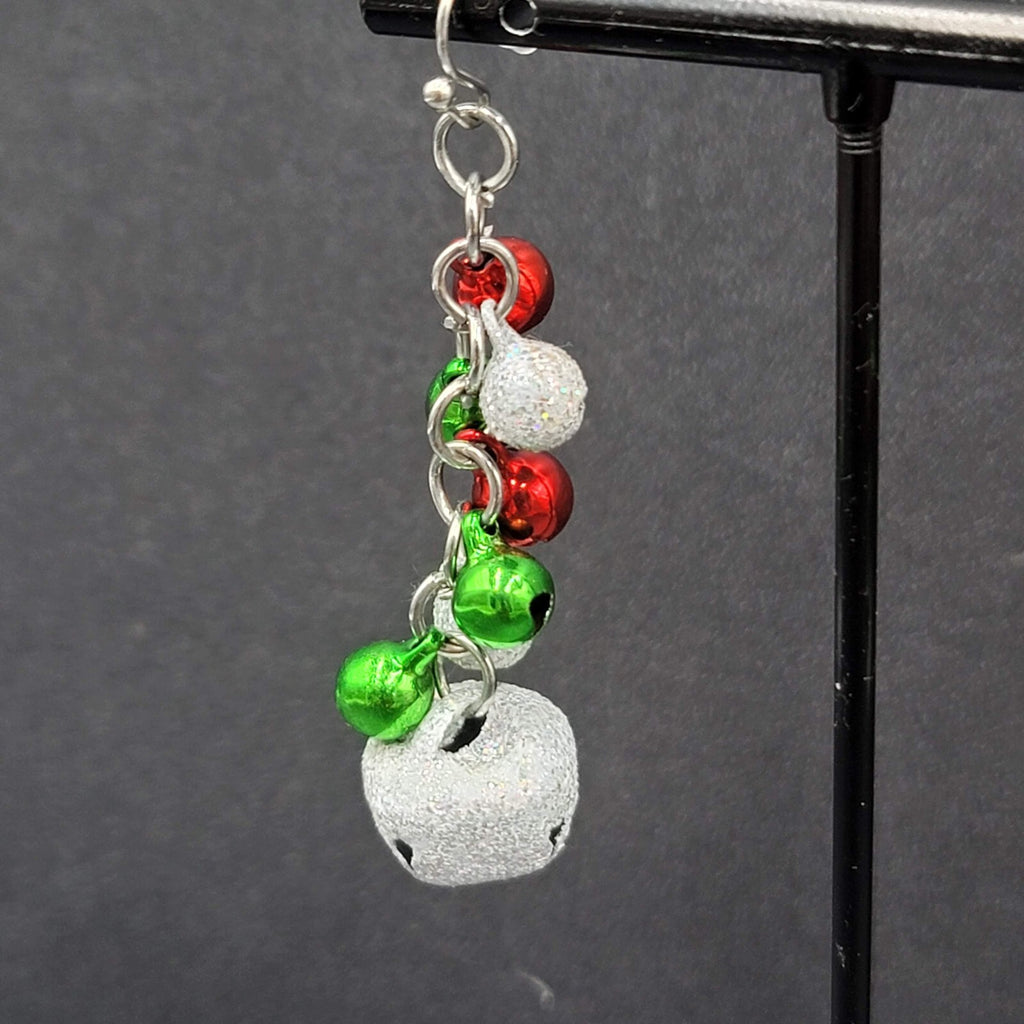 Christmas Pierced Earrings Green Red Silver Glitter Bells Dangle 2"