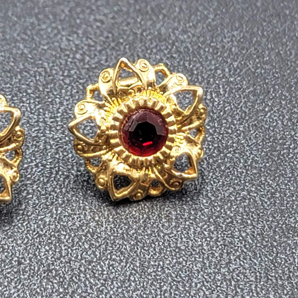 Vintage Pierced Earrings Gold Plated Red Stone Heart Studs 5/8"