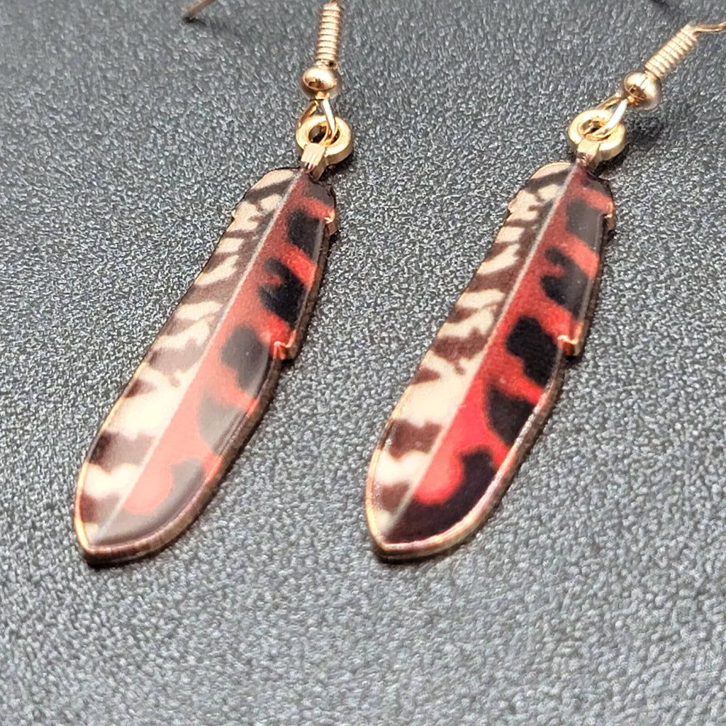 Metal Feather Pierced Earrings Red Black White Gold tone Dangle 1.5"