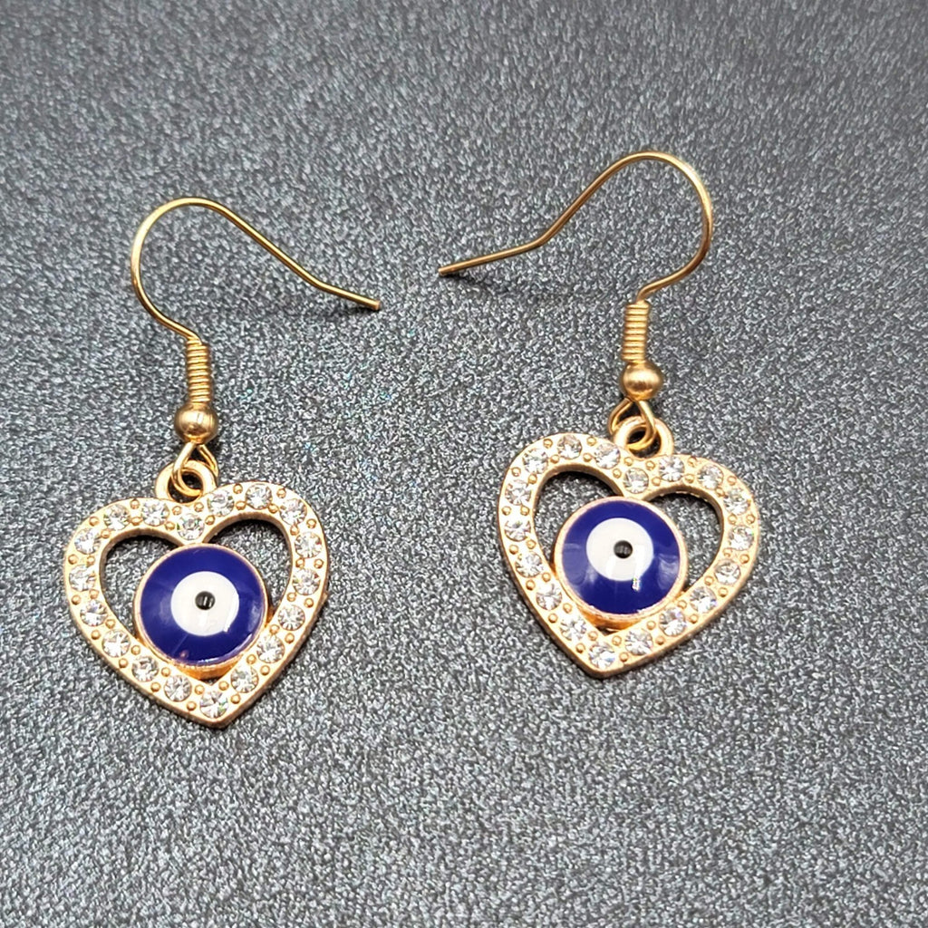 Pierced Earrings Gold tone Enamel Evil Eye Rhinestone Heart Dangle 3/4"