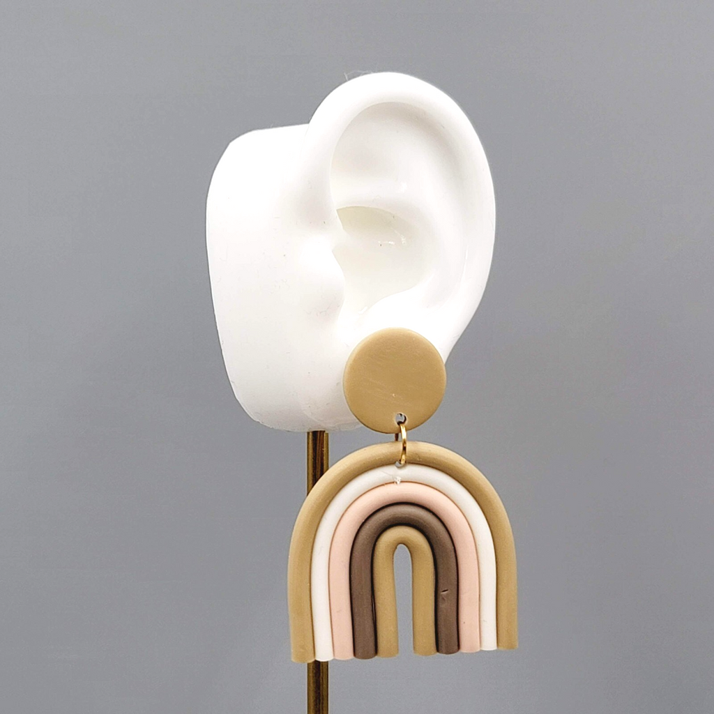 Polymer Clay Statement Pierced Earrings Tan White Pink Dangle 2.25"