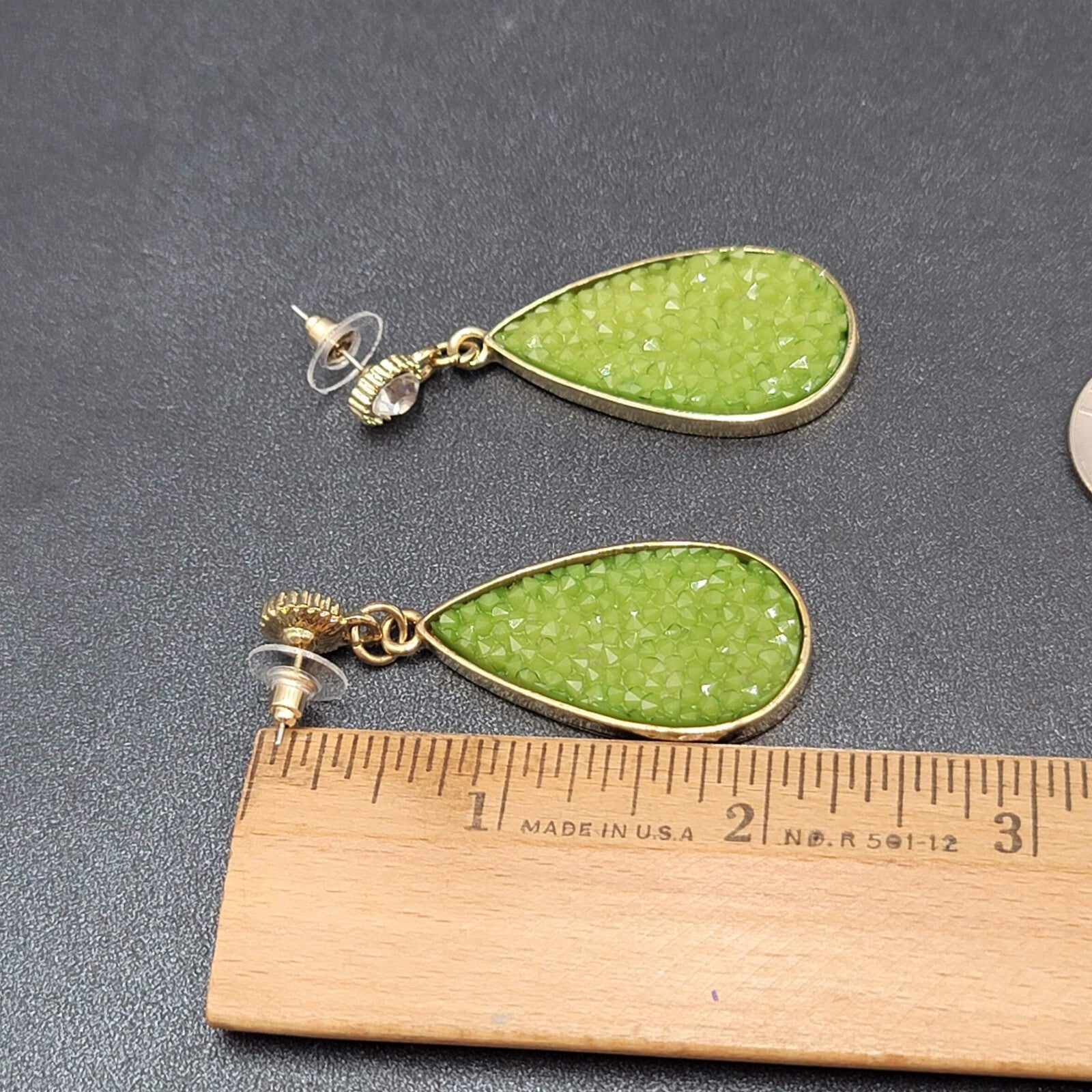 Pierced Earrings Gold tone Green Druzy Style Statement Dangle 2.25"