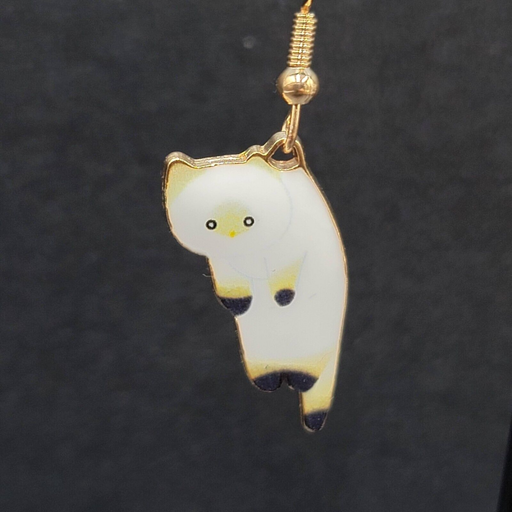 Pierced Earrings Gold tone White Enamel Kitty Cat Dangle 1"