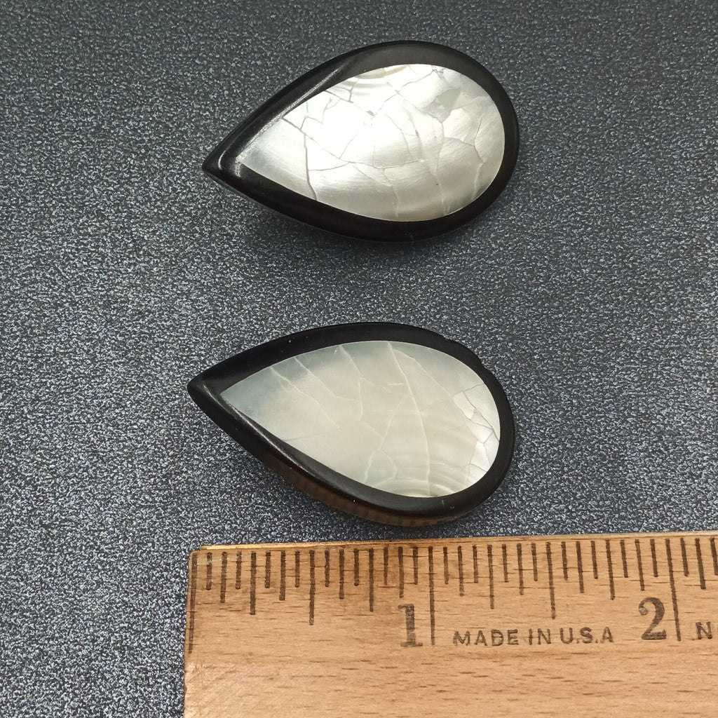 Vintage Pierced Earrings Mother of Pearl Inlaid Black Acrylic Teardrop Drop 1.5"
