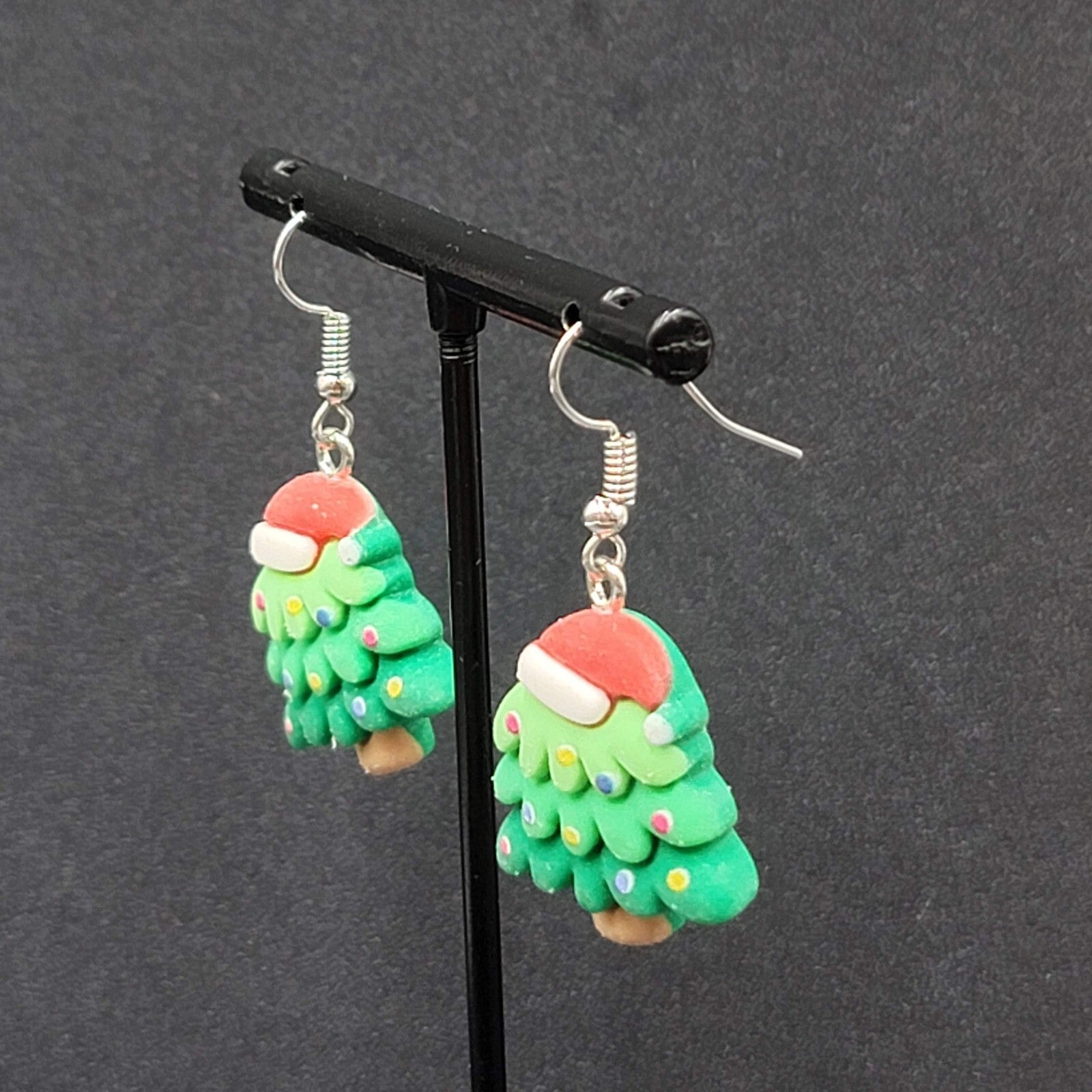 Christmas Tree Pierced Earrings Puffy 3D Dangle 1 1/8"