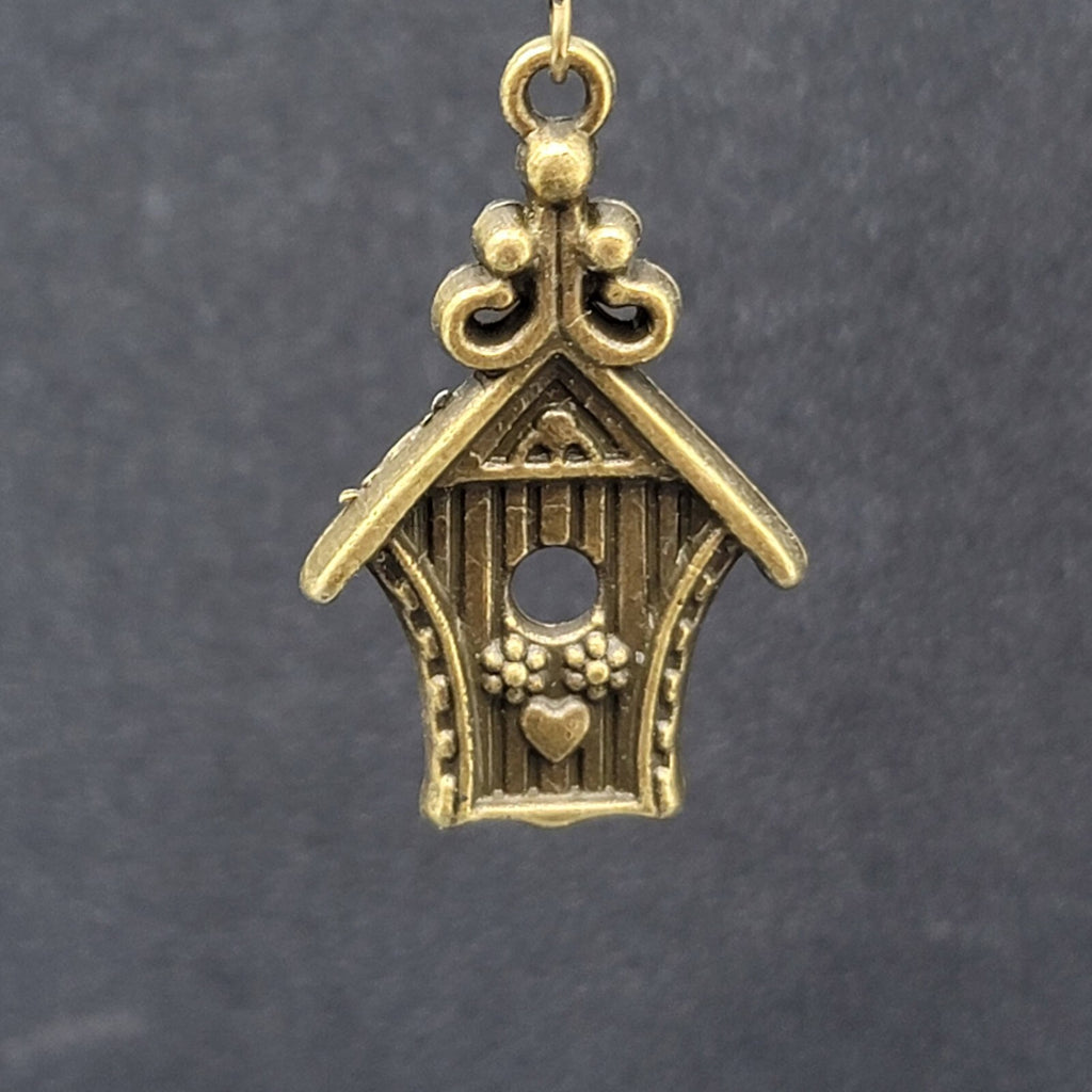 Birdhouse Pierced Earrings Bronze tone Dangle 3D Embossed 1 1/8"