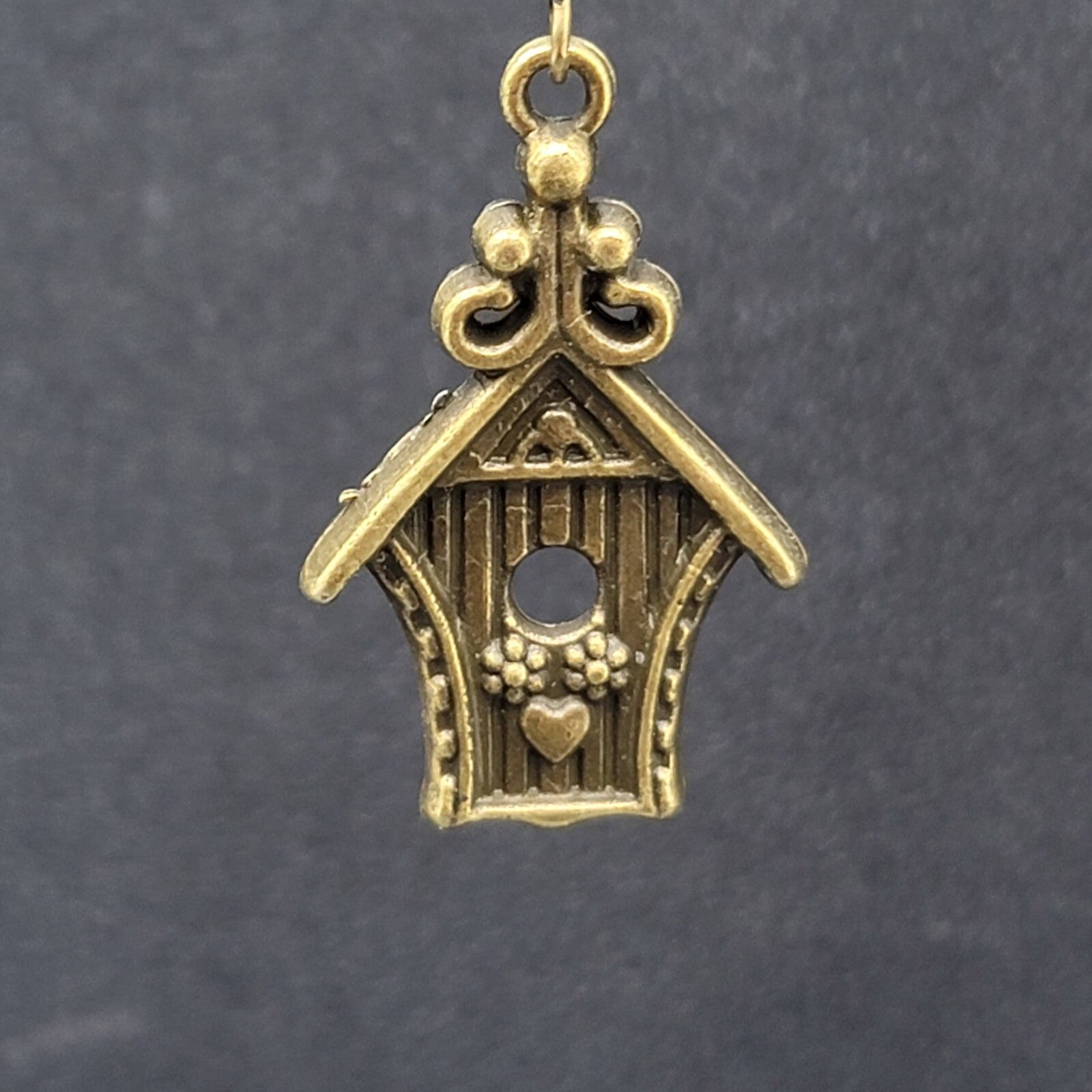 Birdhouse Pierced Earrings Bronze tone Dangle 3D Embossed 1 1/8"