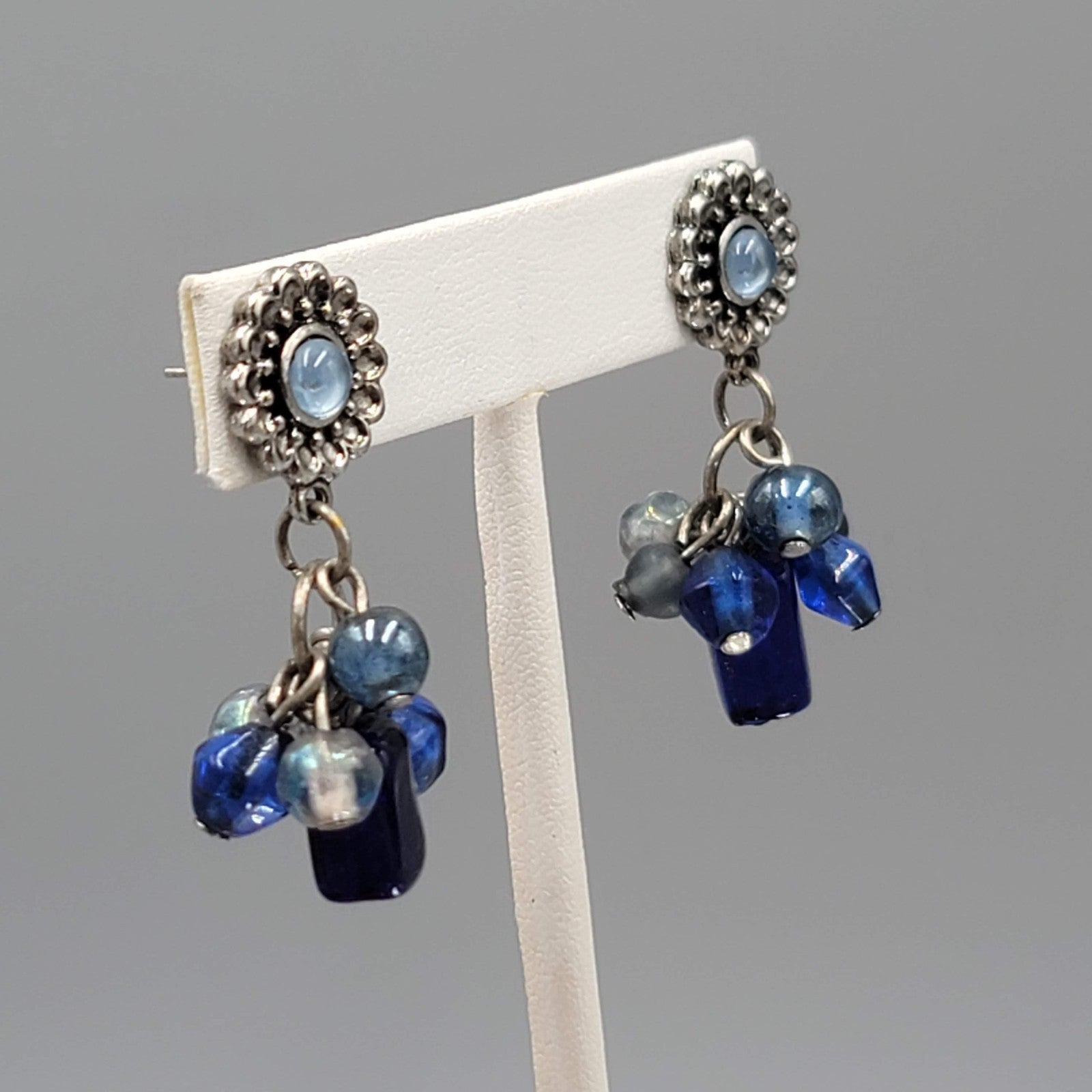 Oops a Daisy Pierced Earrings Blue Glass Beads Silver tone 1.5 in