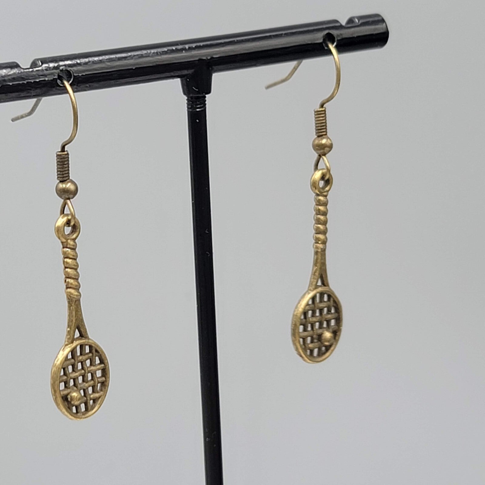 Tennis Racquet Pierced Earrings Bronze tone Dangle NEW 1 1/8"