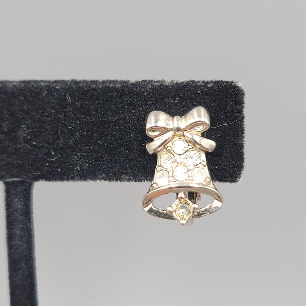 Vintage Rhinestone Christmas Bell Studs Clip on Earrings Silver tone 5/8"