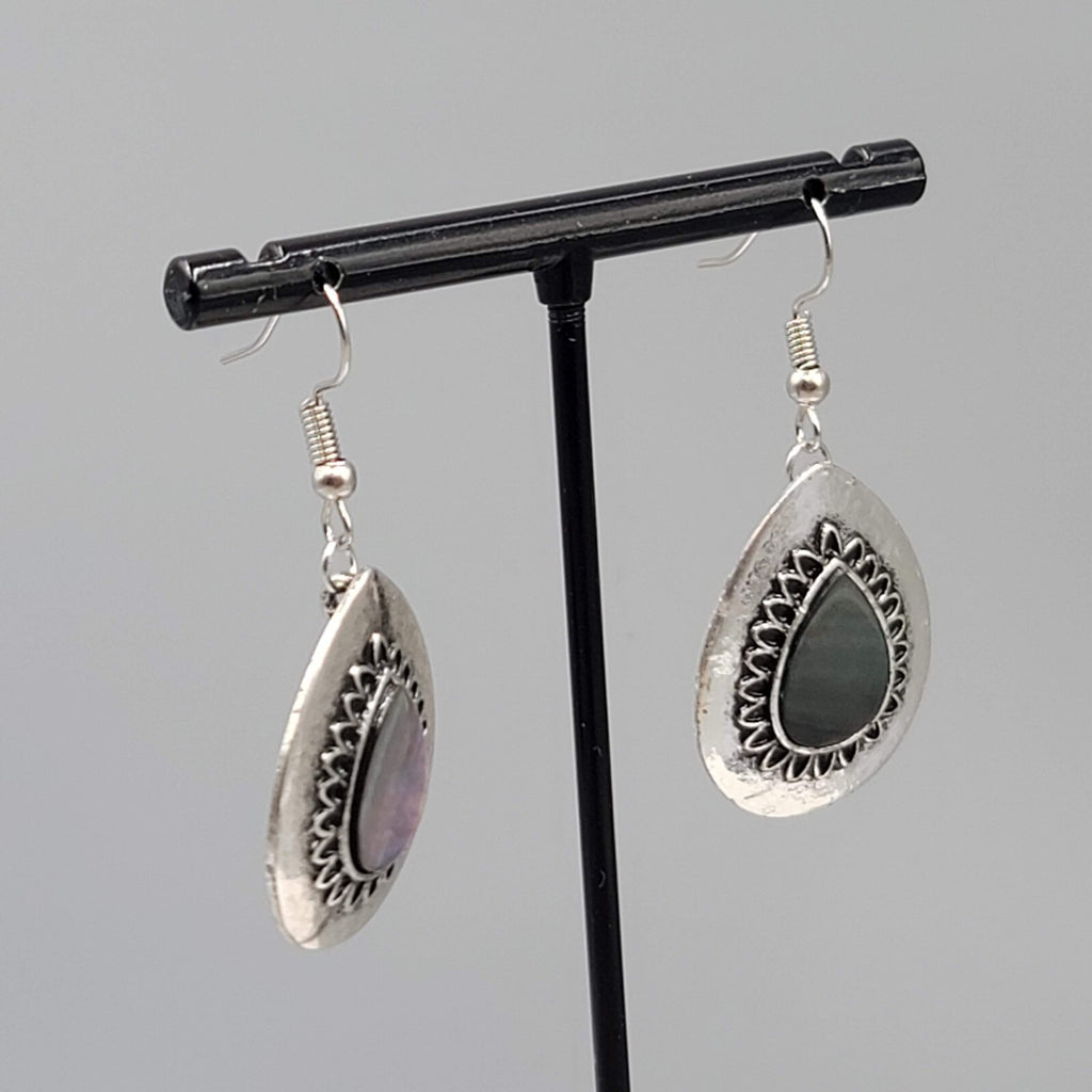Abalone Pierced Earrings Silver tone Teardrop Dangle 1 1/8"