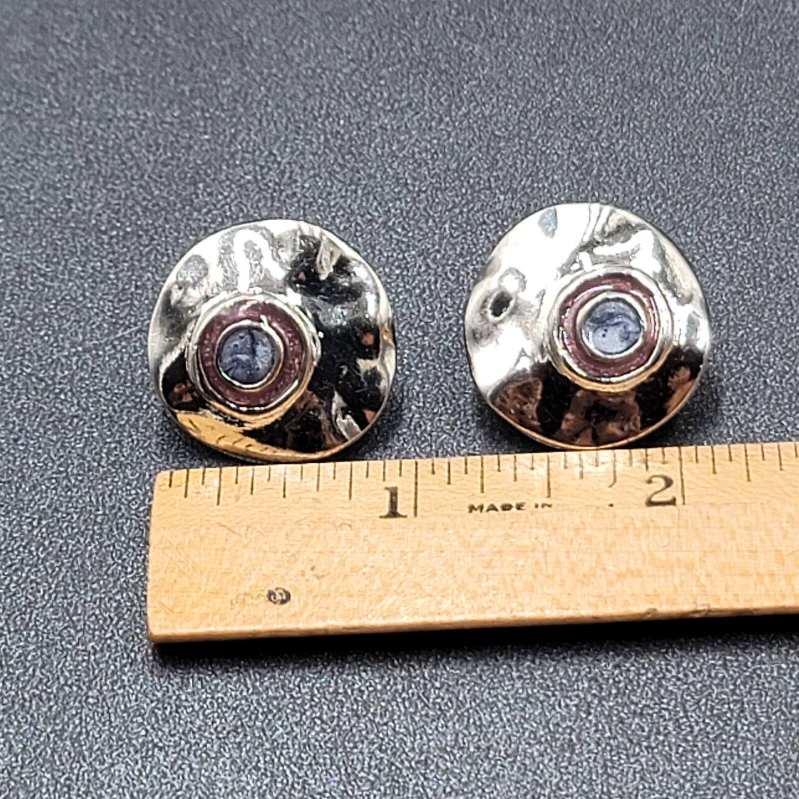 Vintage Clip on Earrings Polished Silver Plated Purple Enamel Round 1"