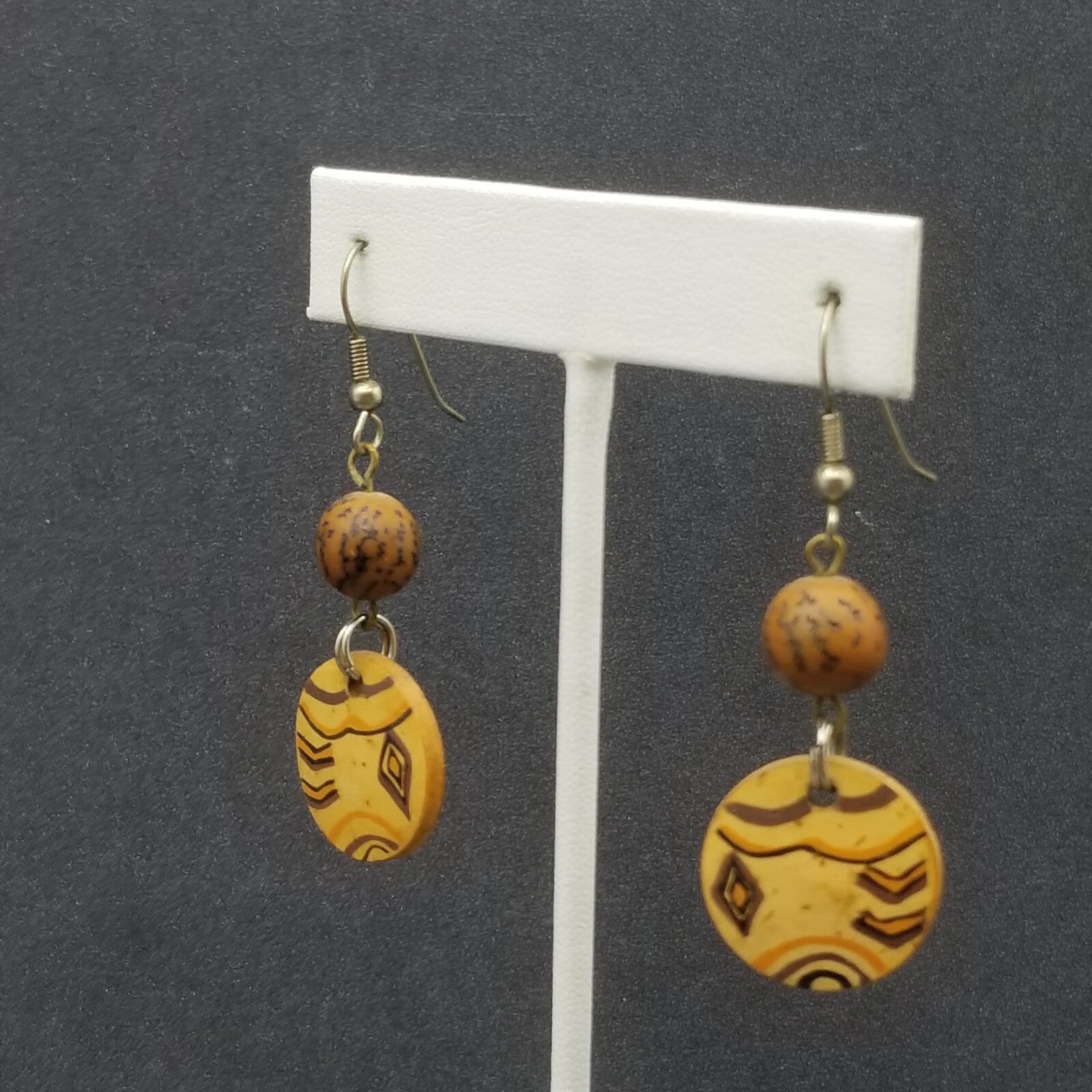 Pierced Earrings Silver tone Wooden Ethnic Statement Dangle 1 3/8"