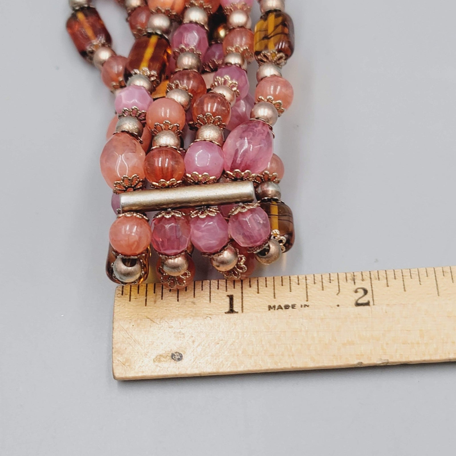 Liz Claiborne Glass Bead Bracelet Pink Orange Elastic Triple Strand 7"
