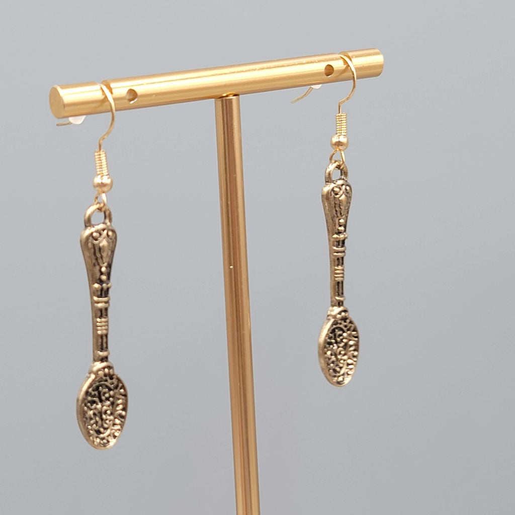 Ornate Spoon Pierced Earrings Dangled Antiqued Gold Tone Embossed 1.5"