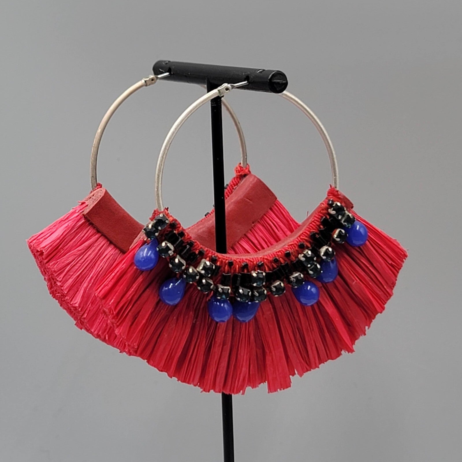 Large Statement Red Rattan Pierced Earrings Purple Bead Hoops 3"