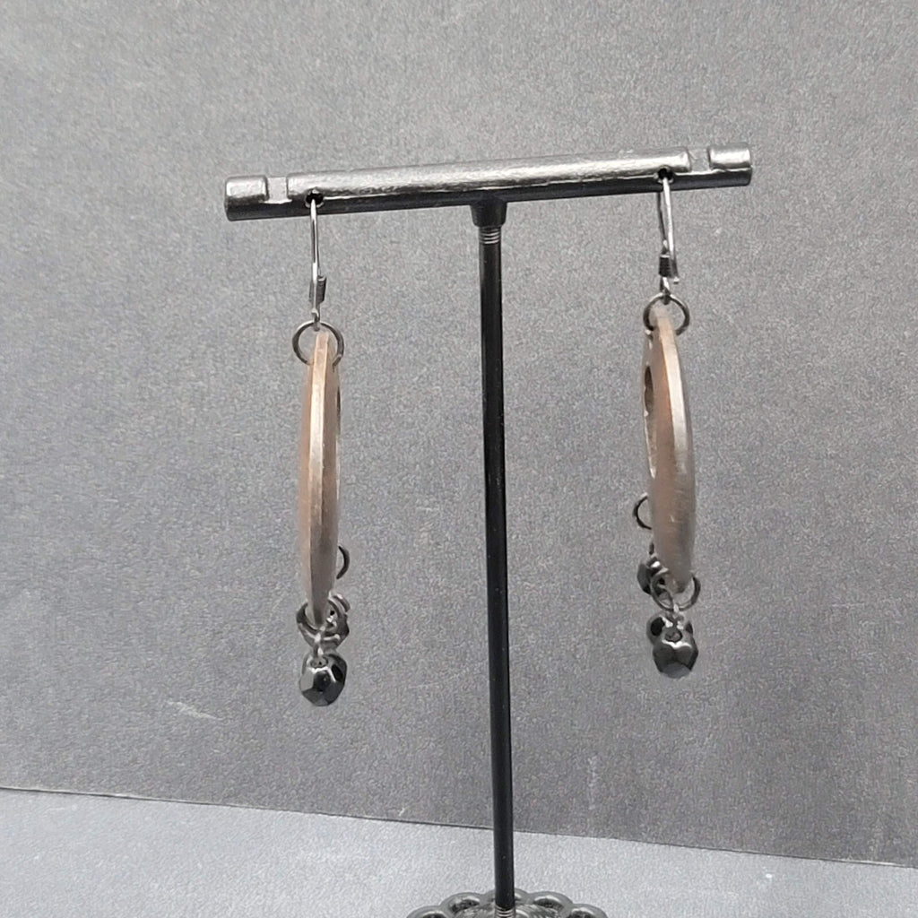 Pierced Earrings Black Metal Round Wood Black Beads Dangle 1.75"