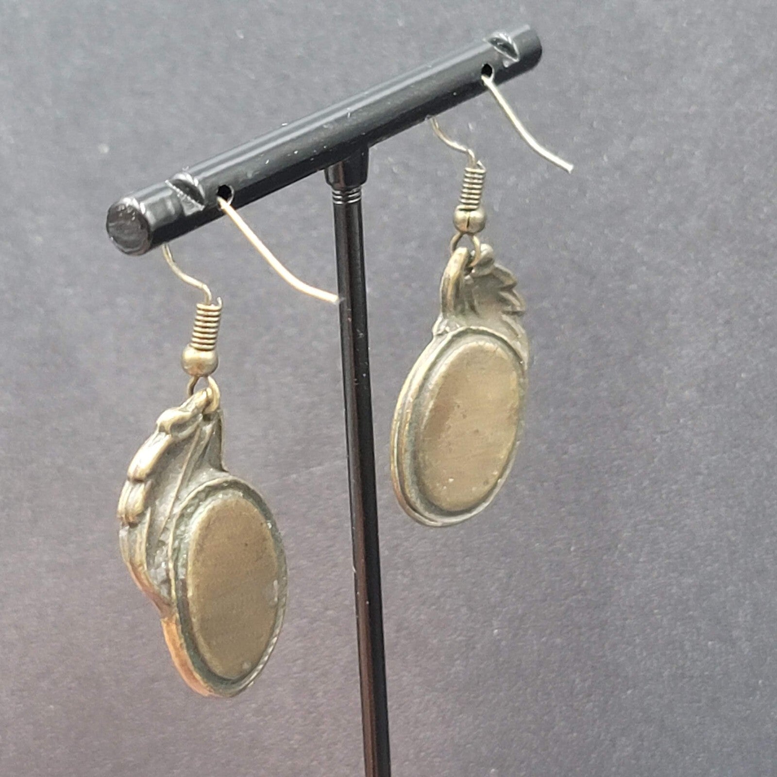 Pierced Earrings Bronze tone Black Enamel Leaf Design 1 1/8"