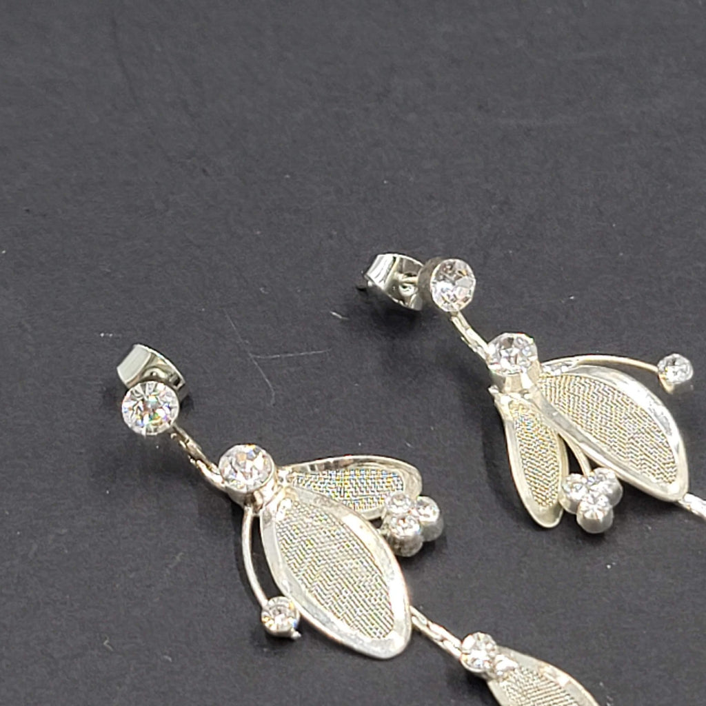 Mesh Rhinestone Pierced Earrings Silver tone Dangle  2 1/8"