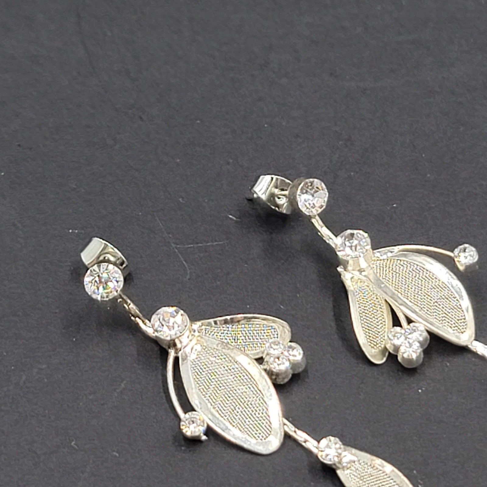 Mesh Rhinestone Pierced Earrings Silver tone Dangle  2 1/8"