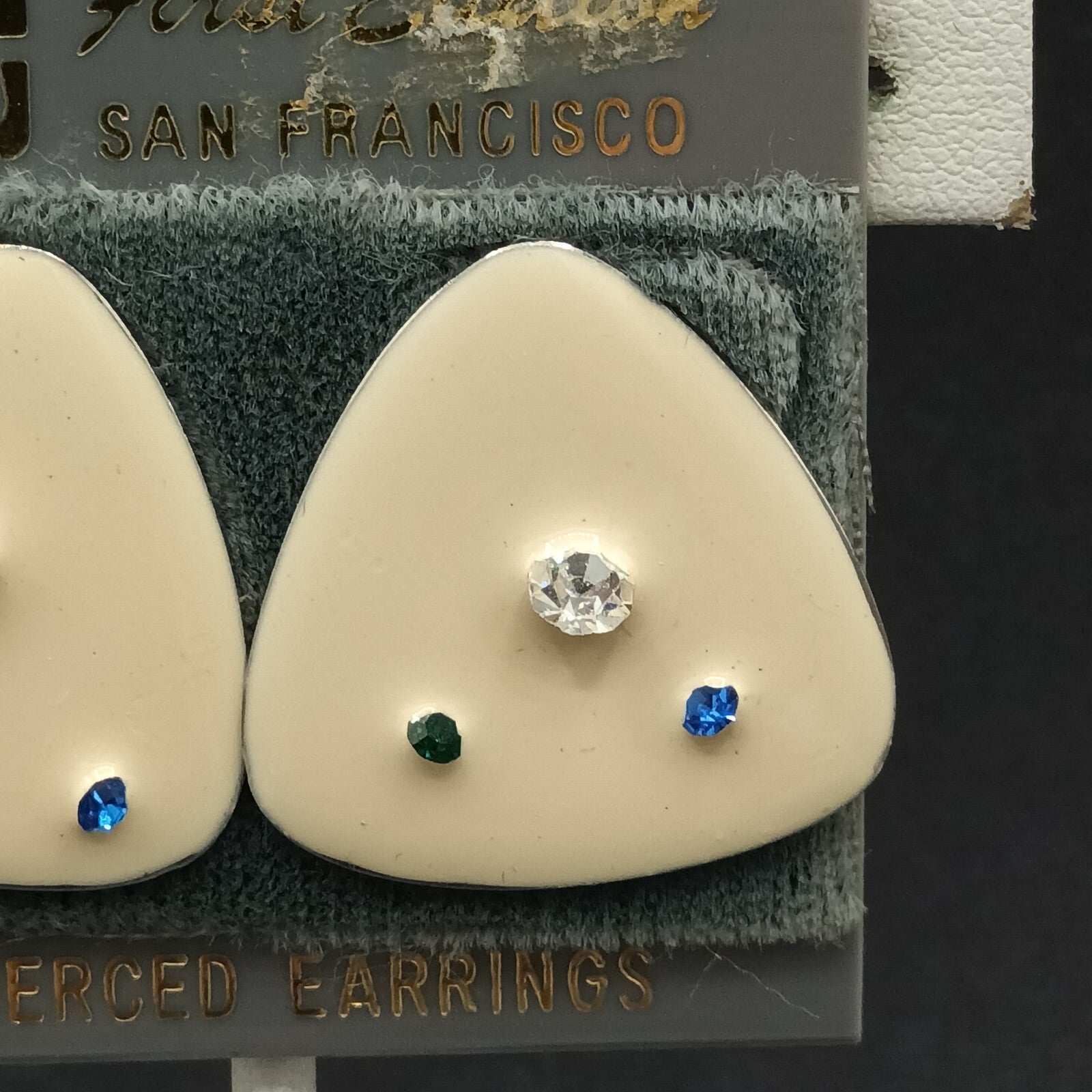 Vintage Pierced Earrings White Enamel Blue Clear Crystal Accent Triangle  1"