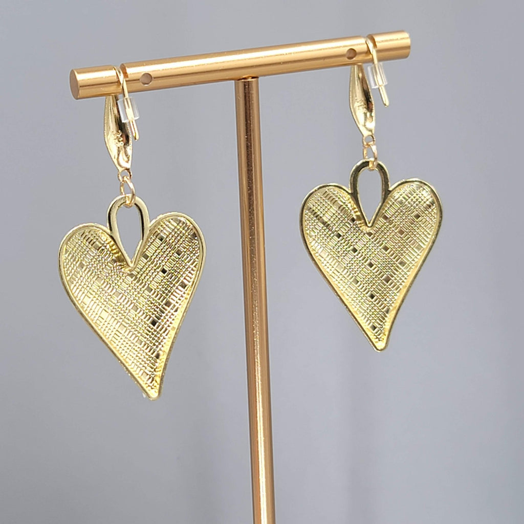 Black White Enamel Checkered Heart Pierced Earrings Gold tone  Dangle Large 1.5"