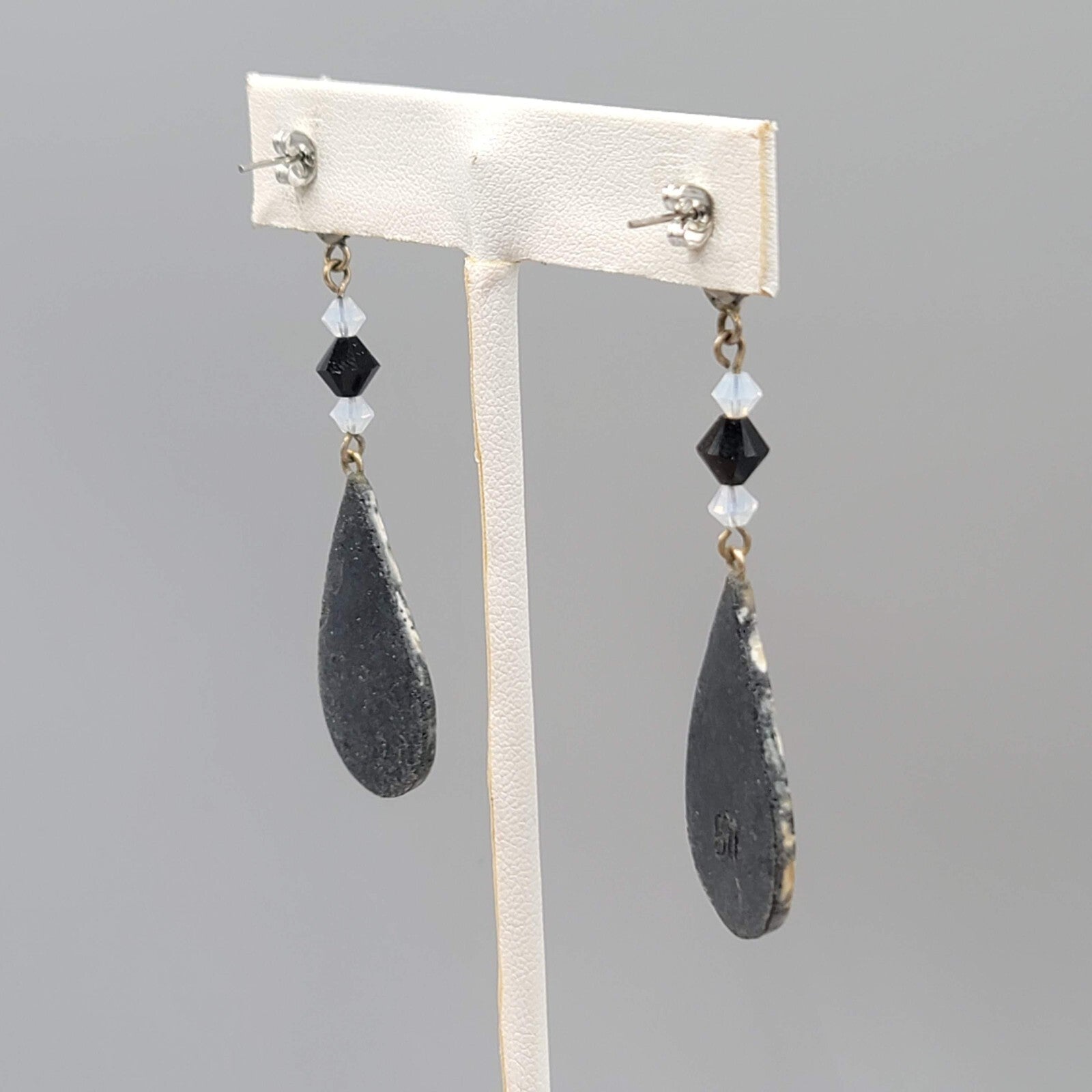 Long Pierced Earrings Gray Black Beaded Teardrop Dangle Signed 2 5/8"