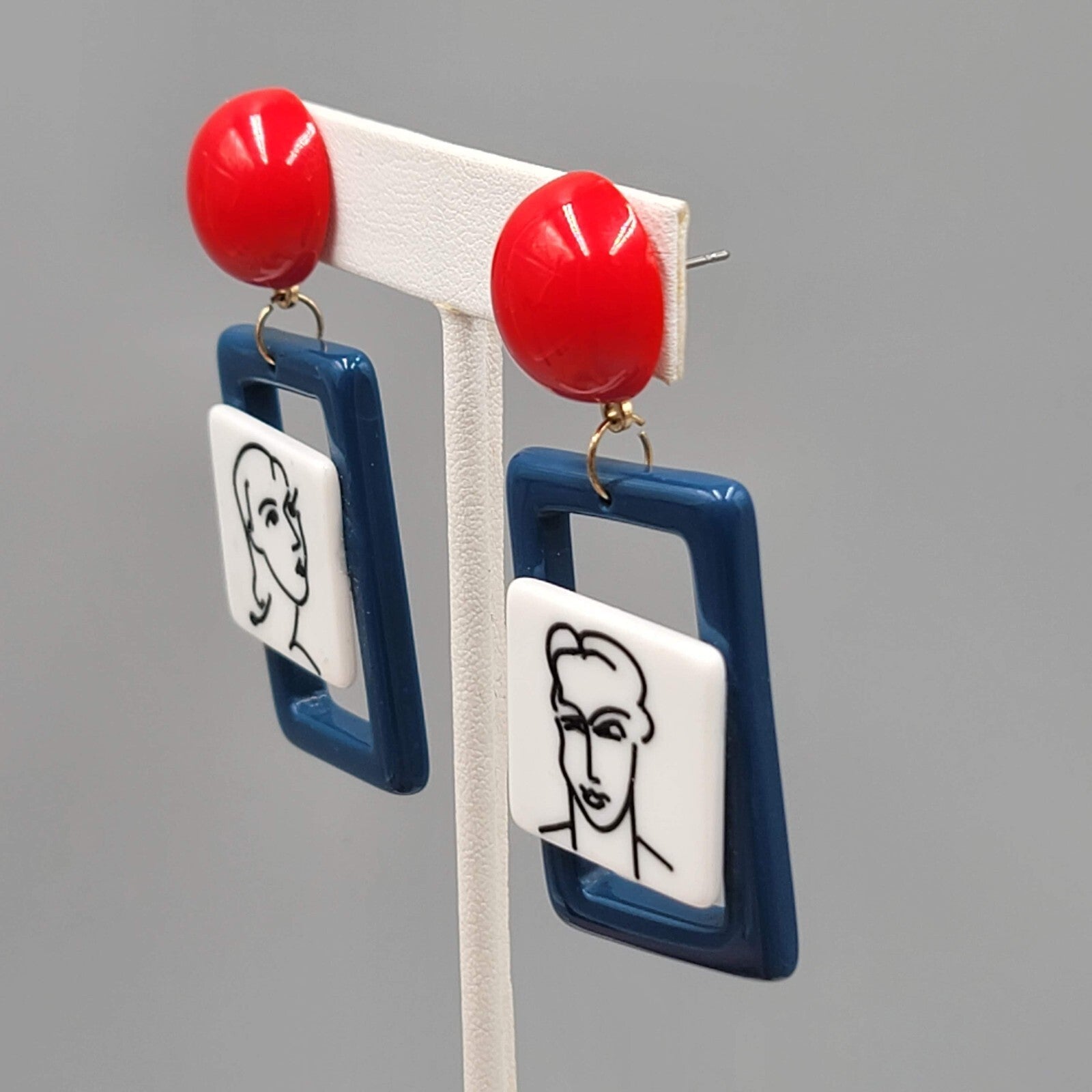 Man and Woman Couple Pierced Earrings Red White Blue Dangle 2.5"