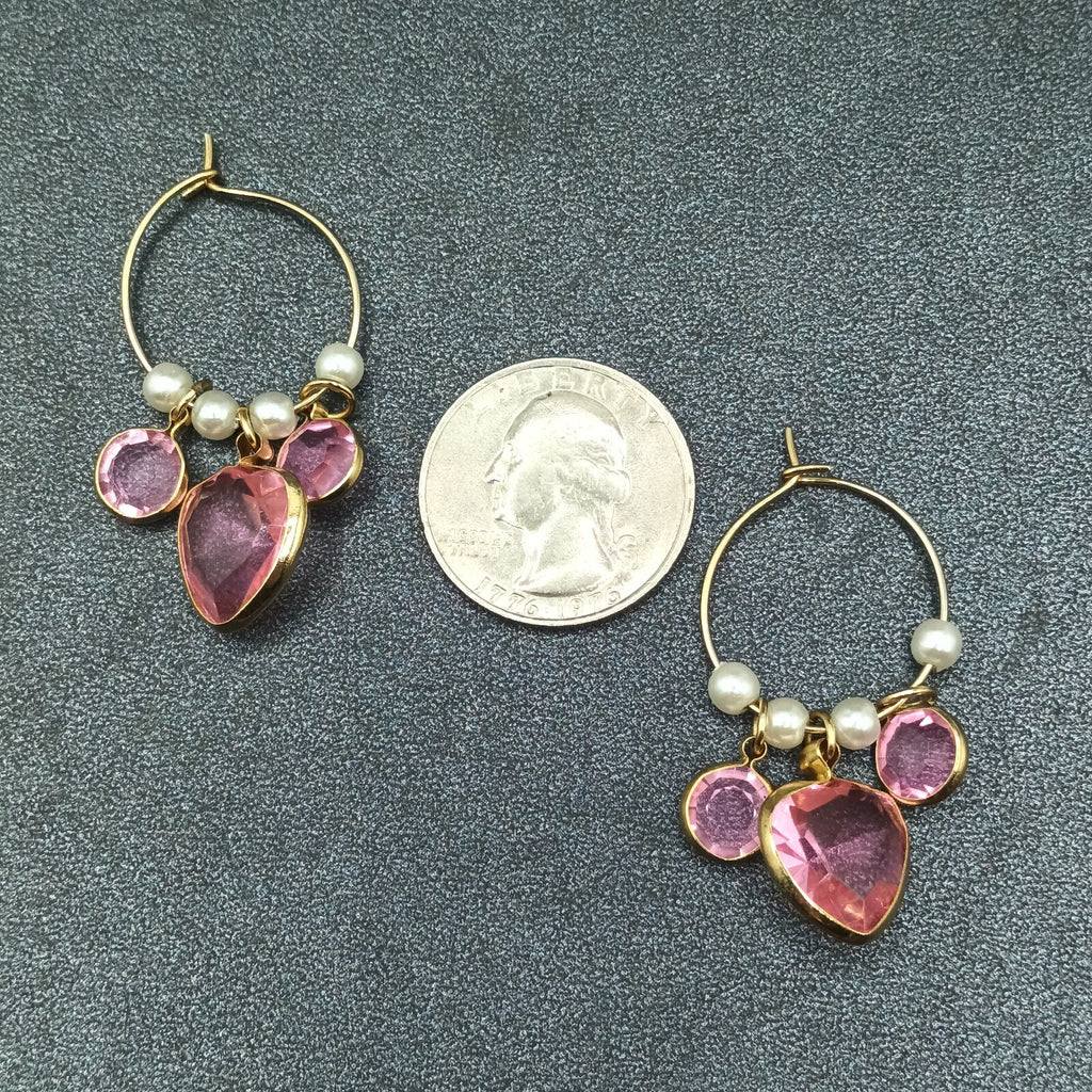 Pierced Earrings Gold tone Wire Faux Pearl Pink Faceted Acrylic Hoop 1 1/2"
