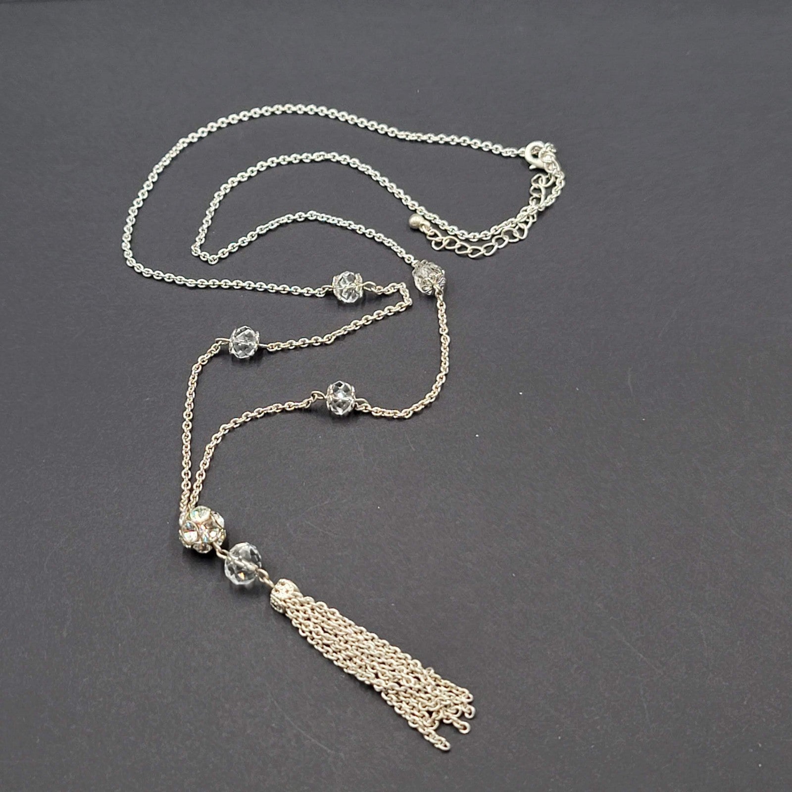 Long Chain Tassel Necklace Silver tone Rhinestone Accent 28"