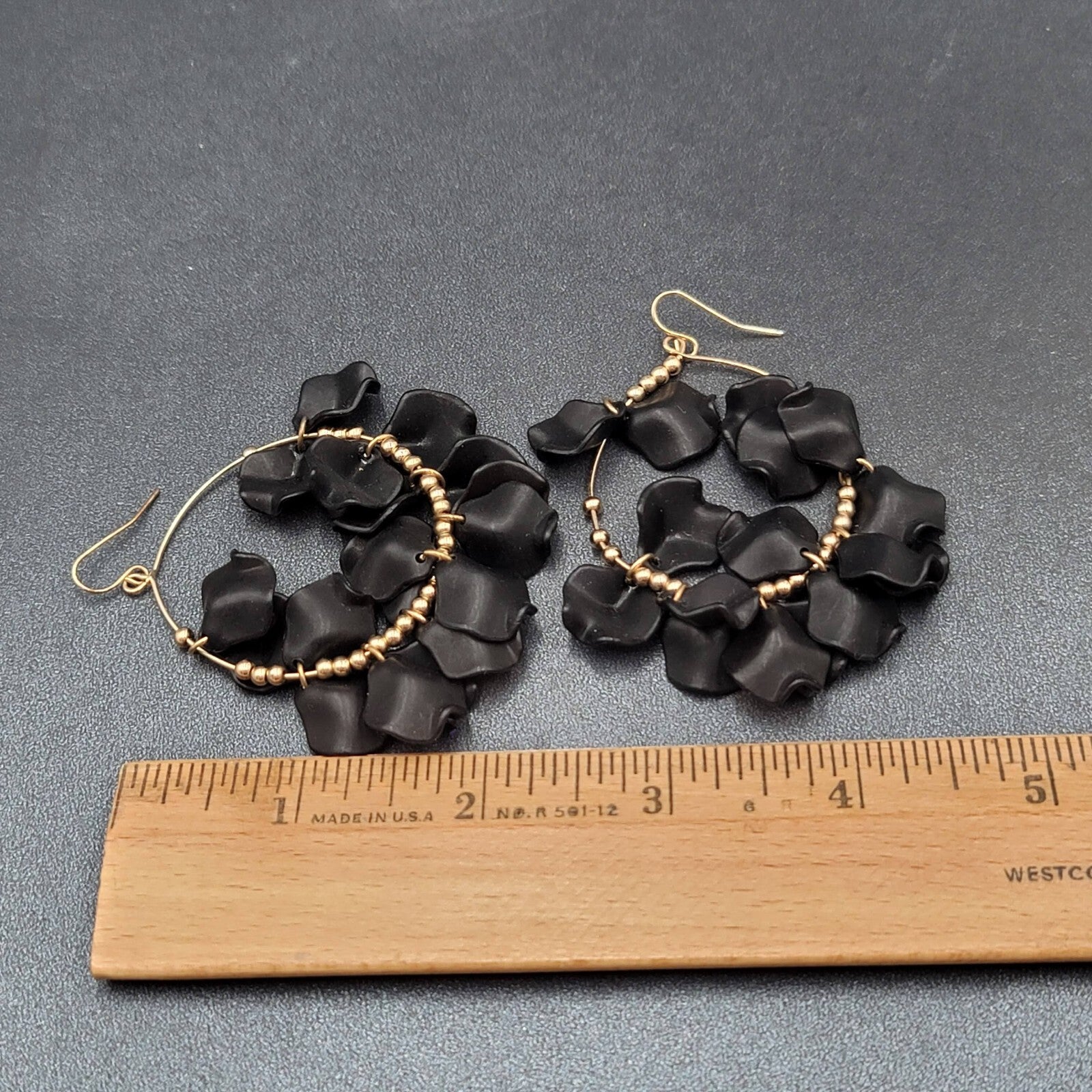 Pierced Earrings Gold tone Black Acrylic Hoops Dangle 2.5"