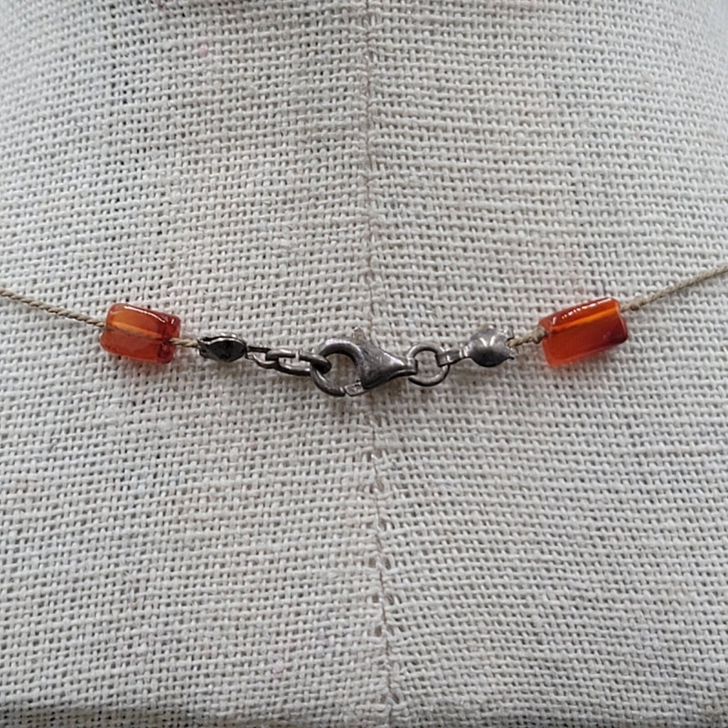 Dainty Orange Stone Necklace Hand Knotted Cord Station Copper tone Metal 17"