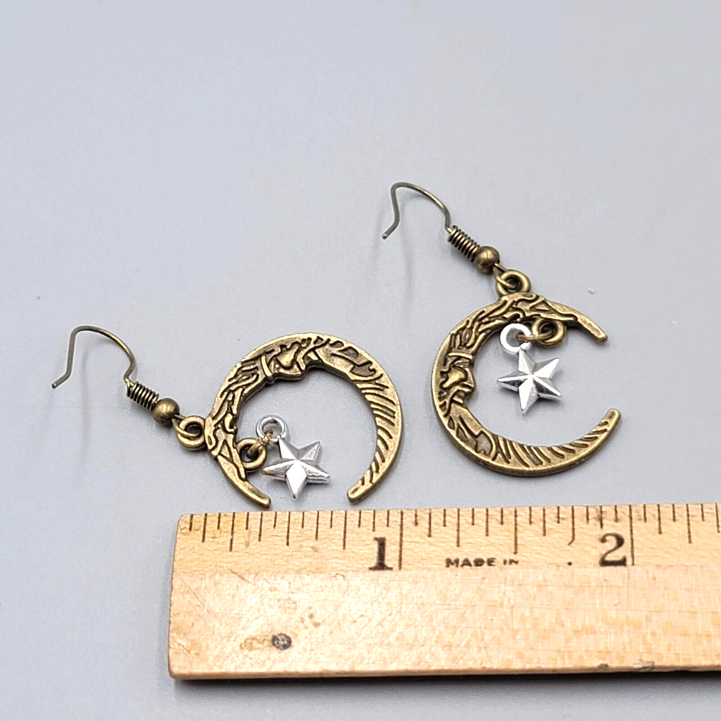 New Man in the Crescent Moon Pierced Earrings Bronze tone Silver Star Dangle 1"