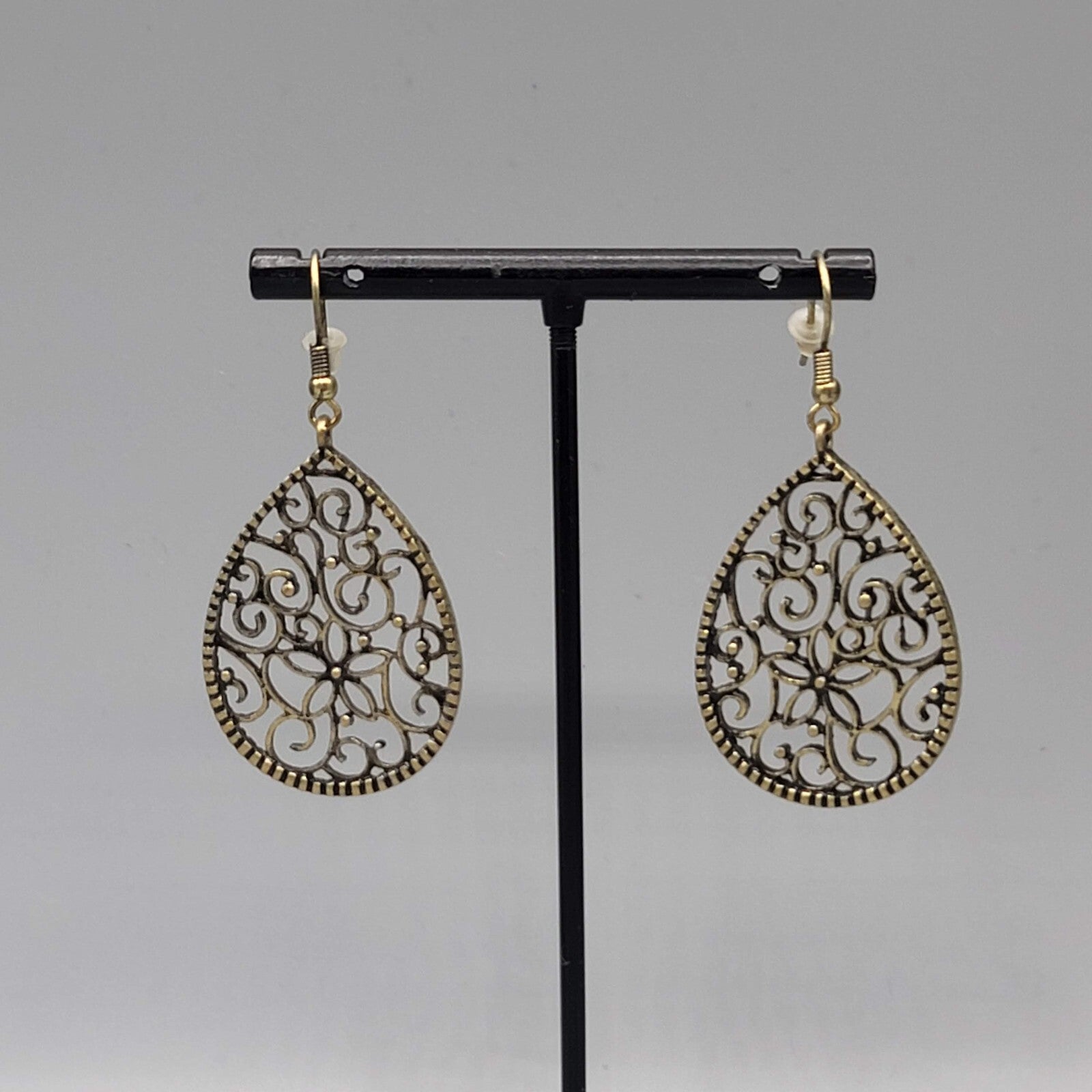 Pierced Earrings Bronze tone Filigree Teardrop Dangle 1.5"