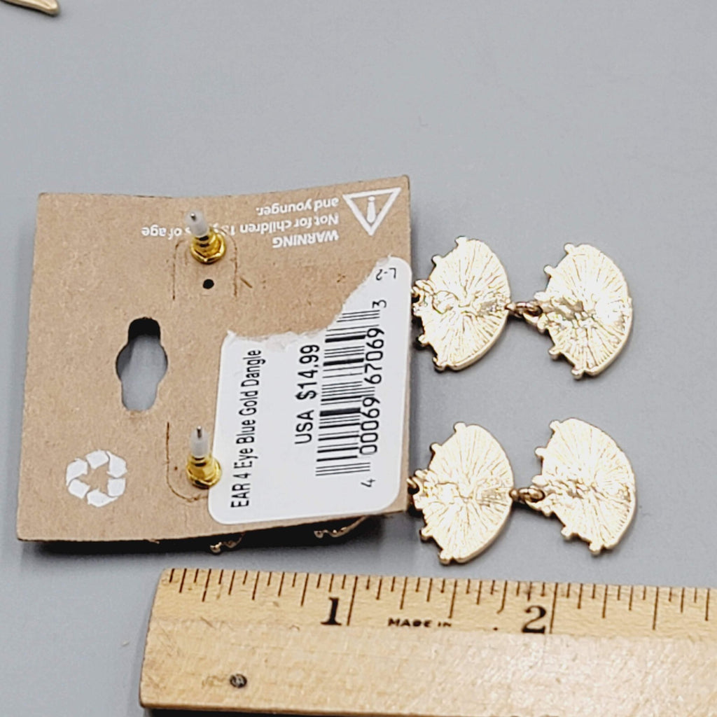 Attic Salt EYE Pierced Earrings Blue Eyes Dangle Gold tone NWT 2.25"