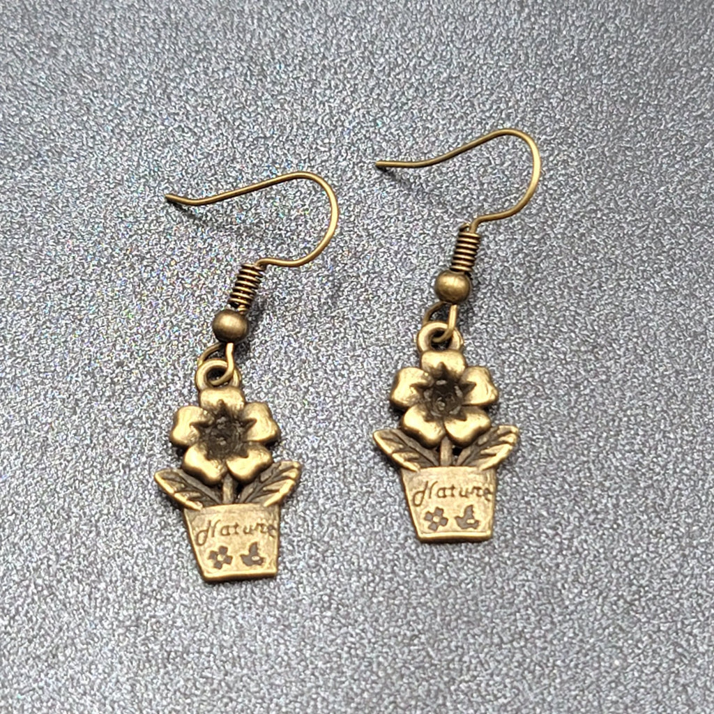 New Flower Pot Pierced Earrings Nature Bronze tone Dangle 3/4"