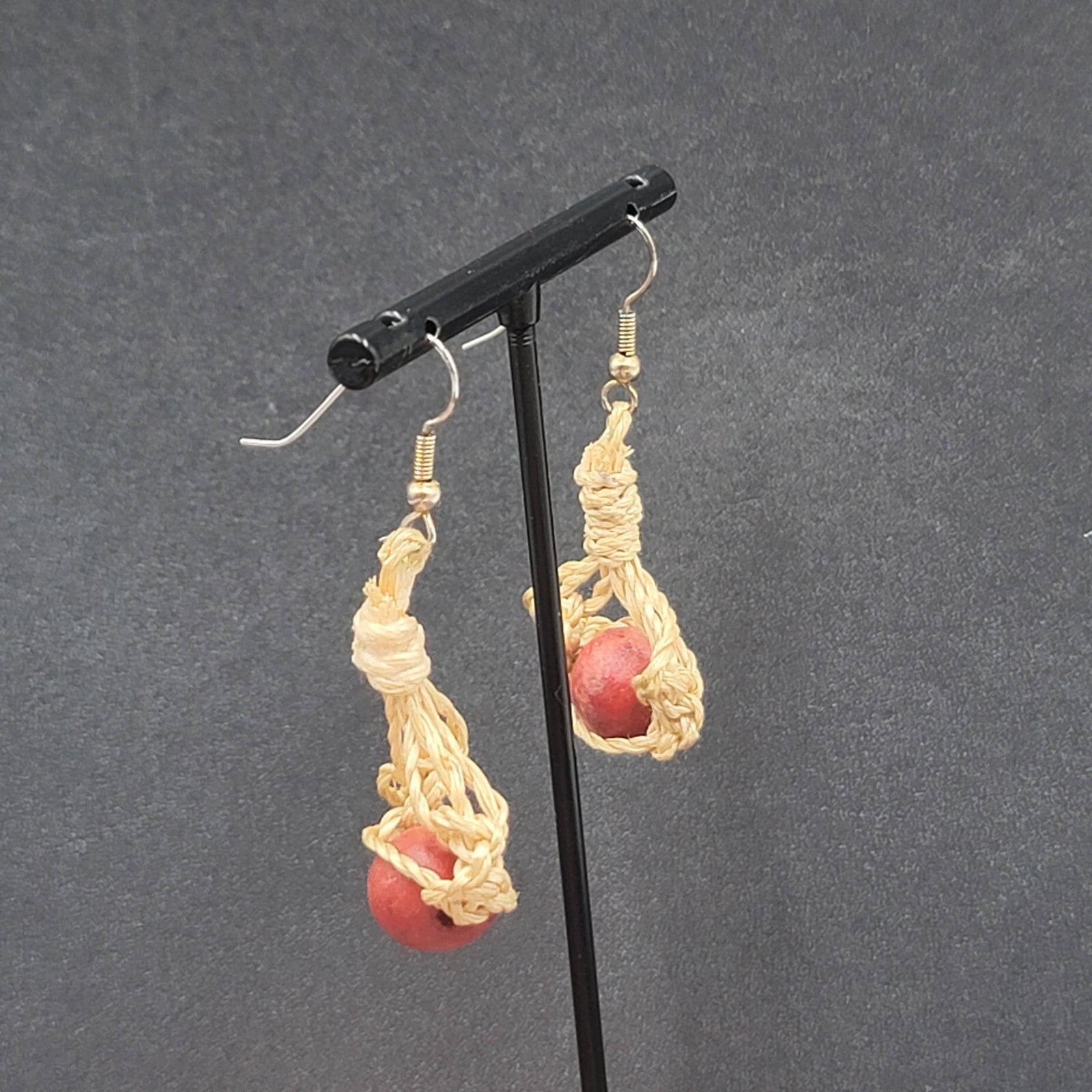 Boho Pierced Earrings Twine Knotted Wood Bead Dangle 1.5"