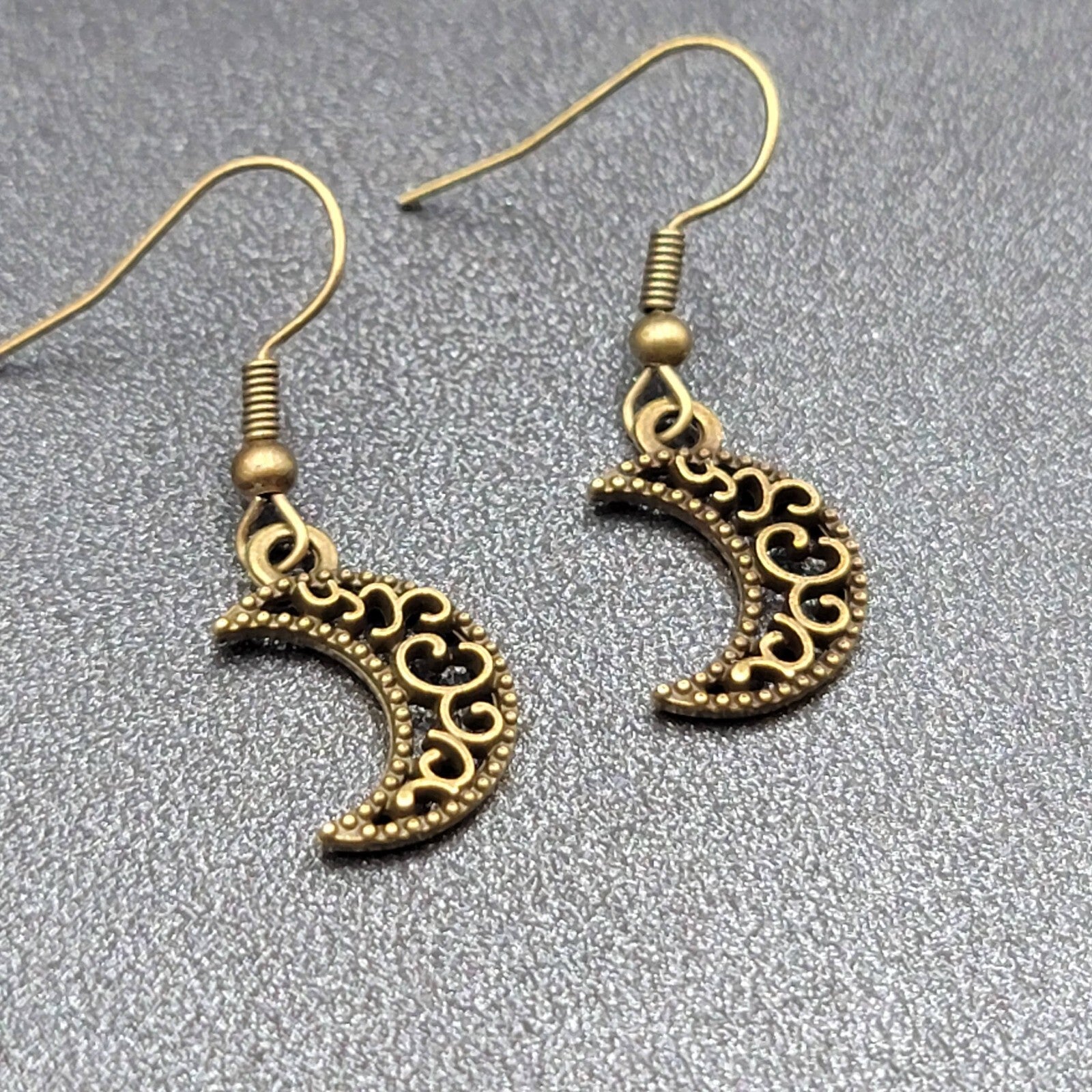 New MOON Pierced Earrings Bronze tone Open Work Metal Dangle 5/8"