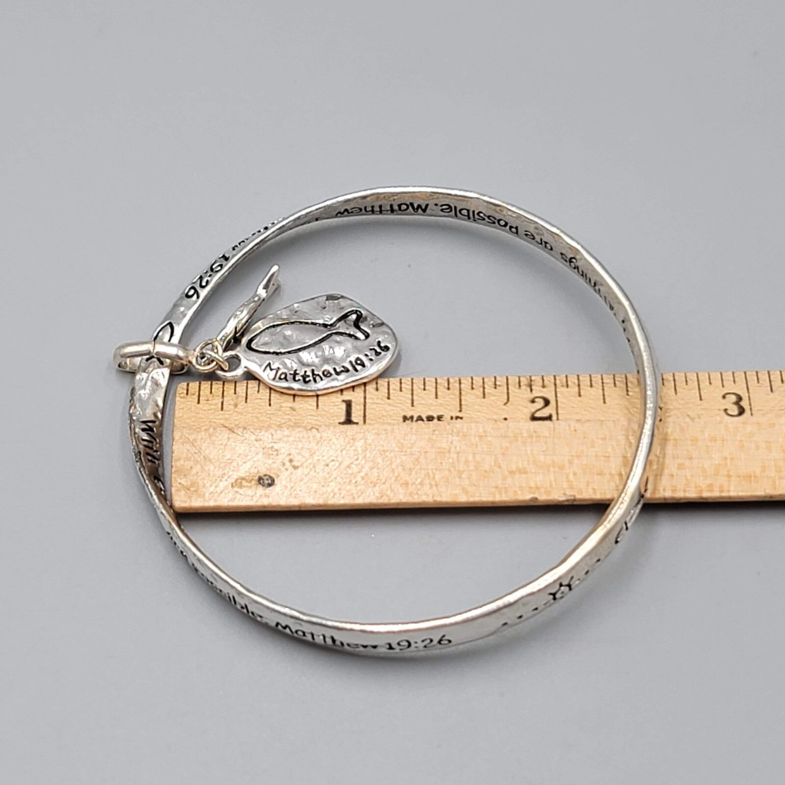 Matthew 19 Scripture Bangle Charm Bracelet Silver tone Fish Charm