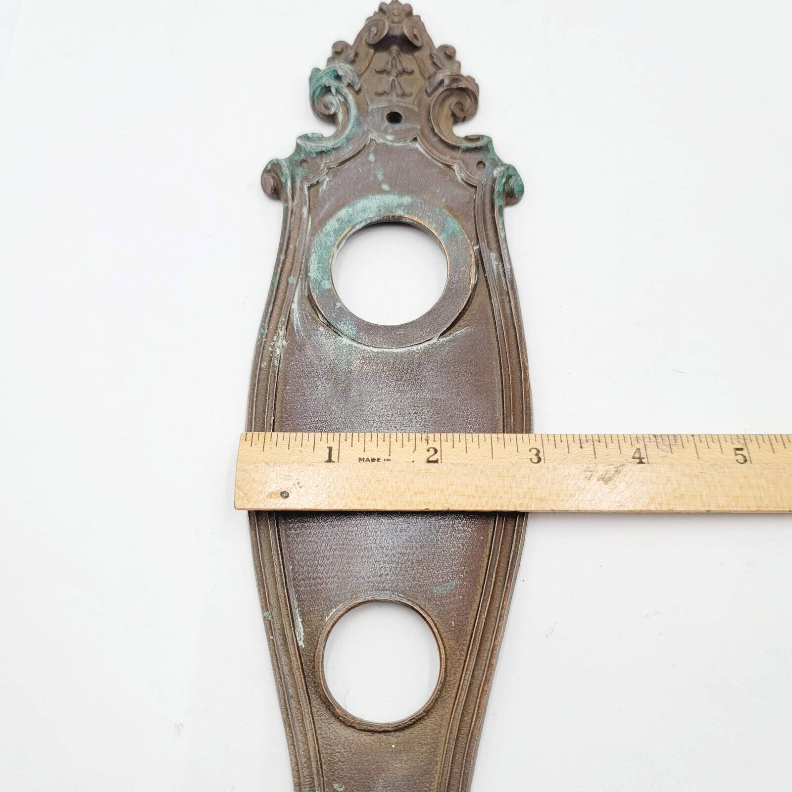 Antique Vintage Door Knob Back Plate Ornate Victorian Brass Deadbolt 11.75"