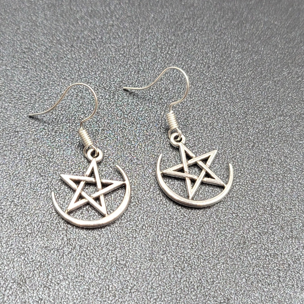 Pentagram Pierced Earrings Half Moon Star Silver tone Dangle 3/4"