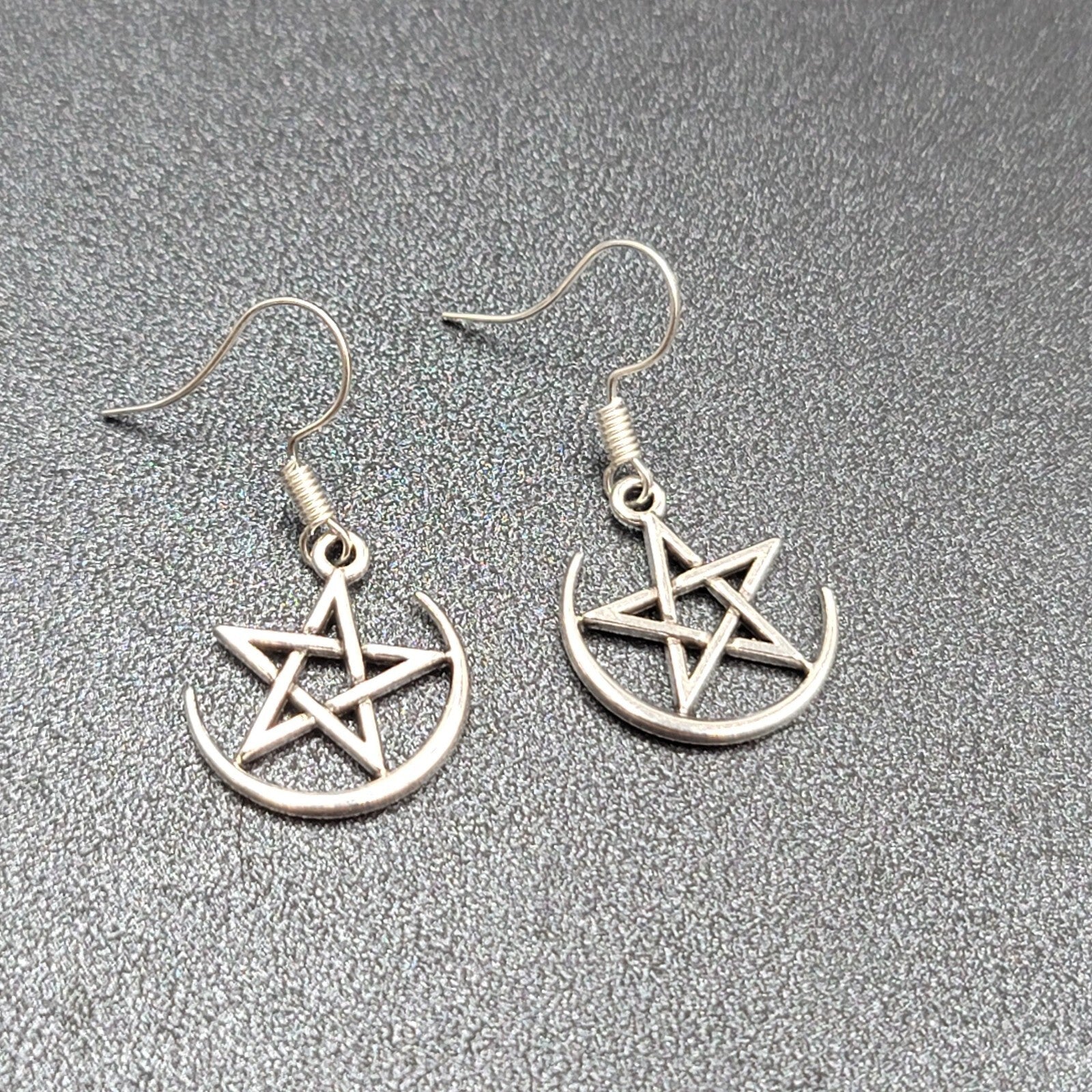 Pentagram Pierced Earrings Half Moon Star Silver tone Dangle 3/4"