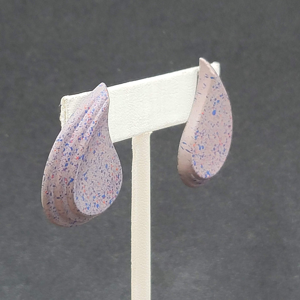 Vintage Pierced Earrings Purple Speckle Enamel Paisley Teardrop 1.5"