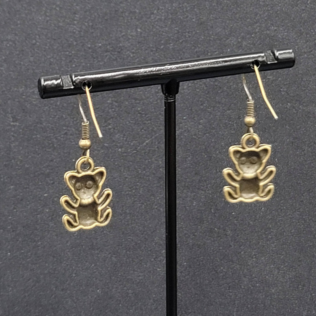 Teddy Bear Pierced Earrings Bronze tone Embossed Dangle New 3/4"