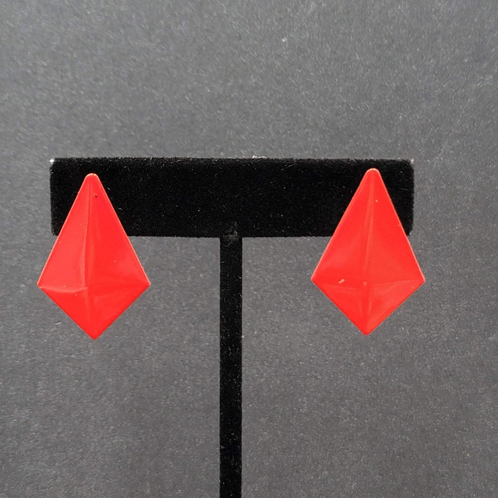 Vintage Pierced Earrings Red Enamel Geometric Drop 1 1/8"