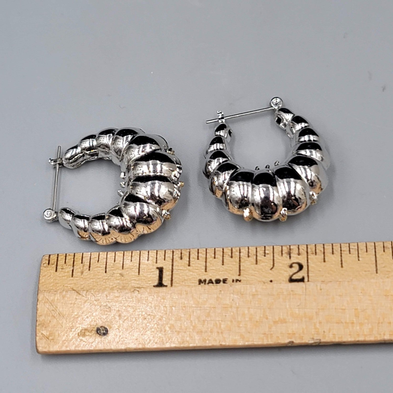 Puffy Hoop Pierced Earrings Gold tone Twisted Rope Detail Silver tone 1"