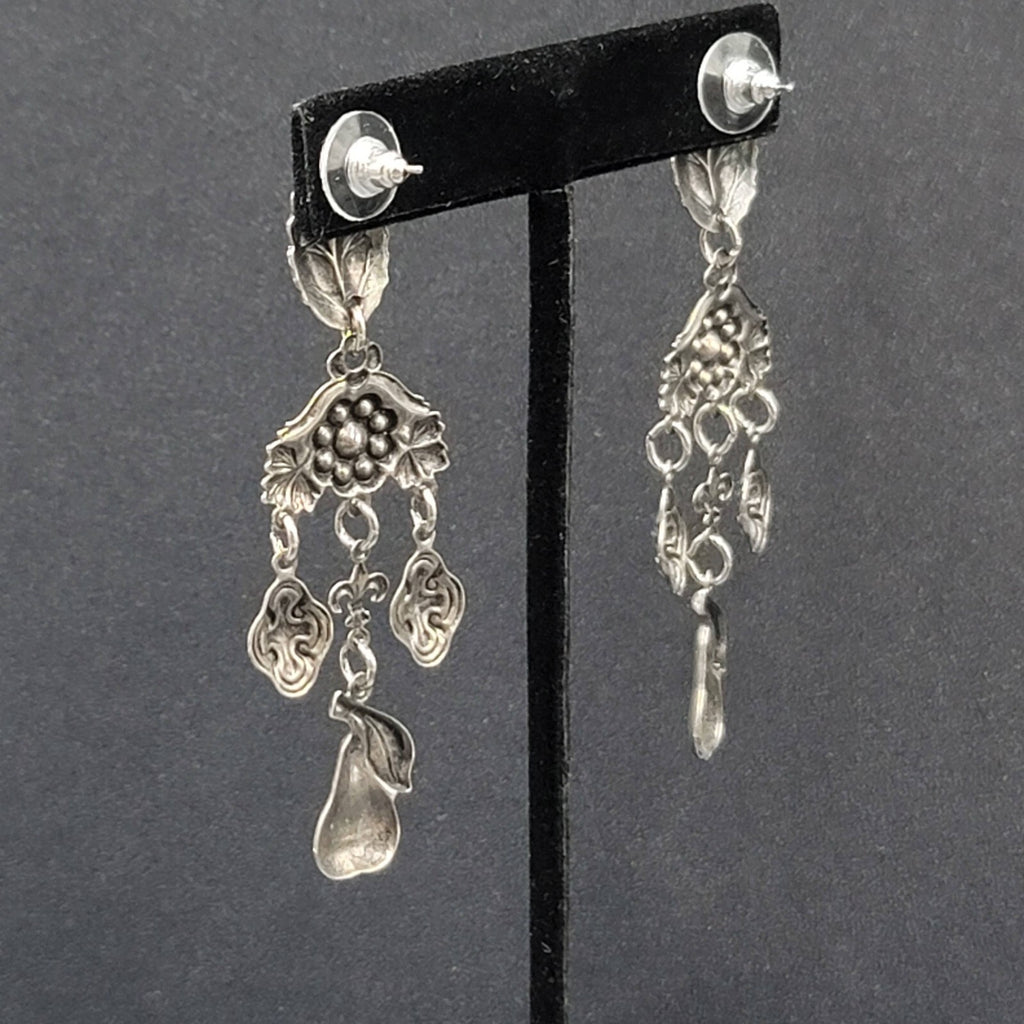 Vintage Pierced Earrings Silver tone Fruit Flowers Leaves Rhinestone 3"